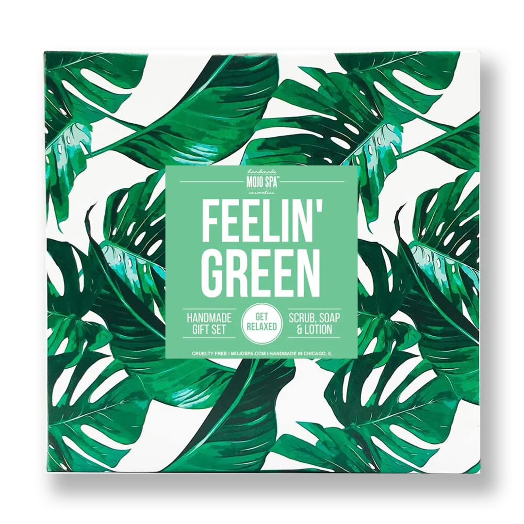 Mojo Spa Feelin Green Large Gift Set - 3 Natural Handmade Bath & Body Products: Exfoliating Face & Body Scrub, Hydrating Body Lotion, Cleansing Body Soap | Perfect for Self-Care, Spa Days & Thoughtful Gifts