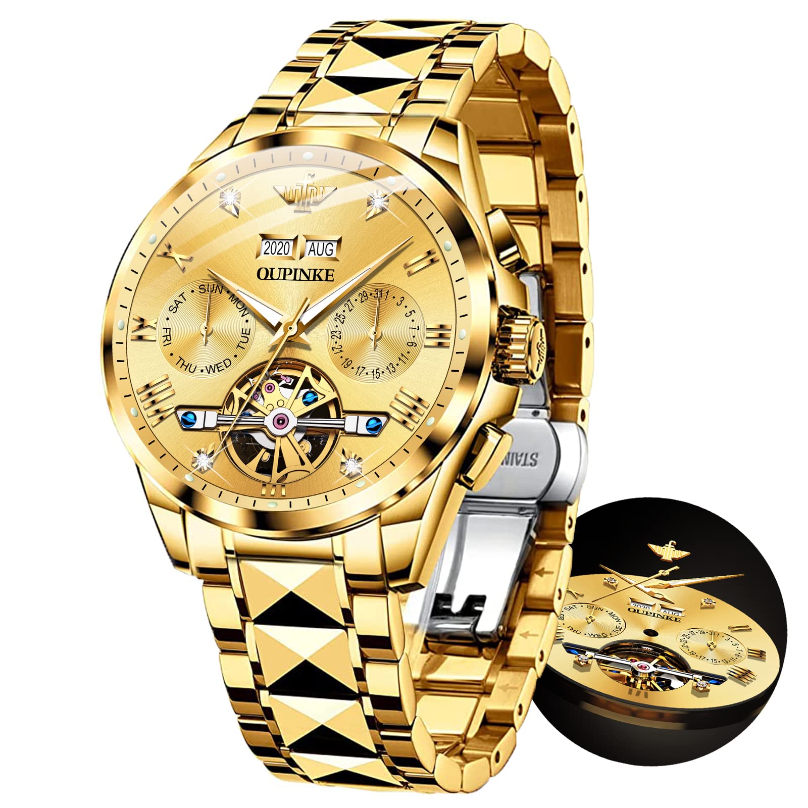 OLEVS Automatic Men's Watch - Brown Leather Strap, Blue Skeleton Dial, Self-Winding Mechanical Movement, Waterproof, Sapphire Crystal, Luminous Hands - Perfect for Business, Formal Events & Everyday Wear