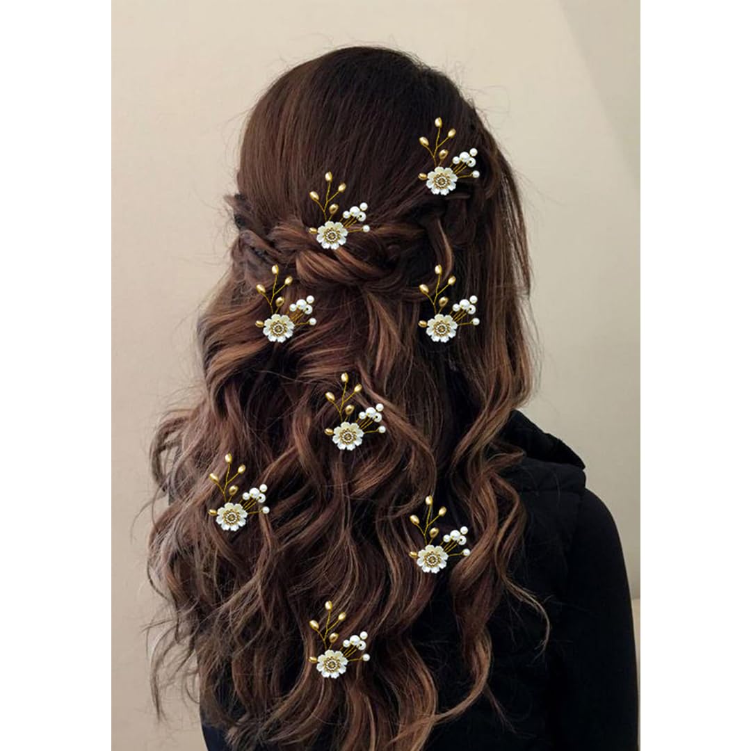 Ansh Elegant Artificial Metal Floral Hairpin with Silver & Golden Pearls | Stylish Hair Clips & Juda Pins for Women & Girls | Perfect for Weddings, Parties & Daily Wear (Combo Pack 2351 & 2352)