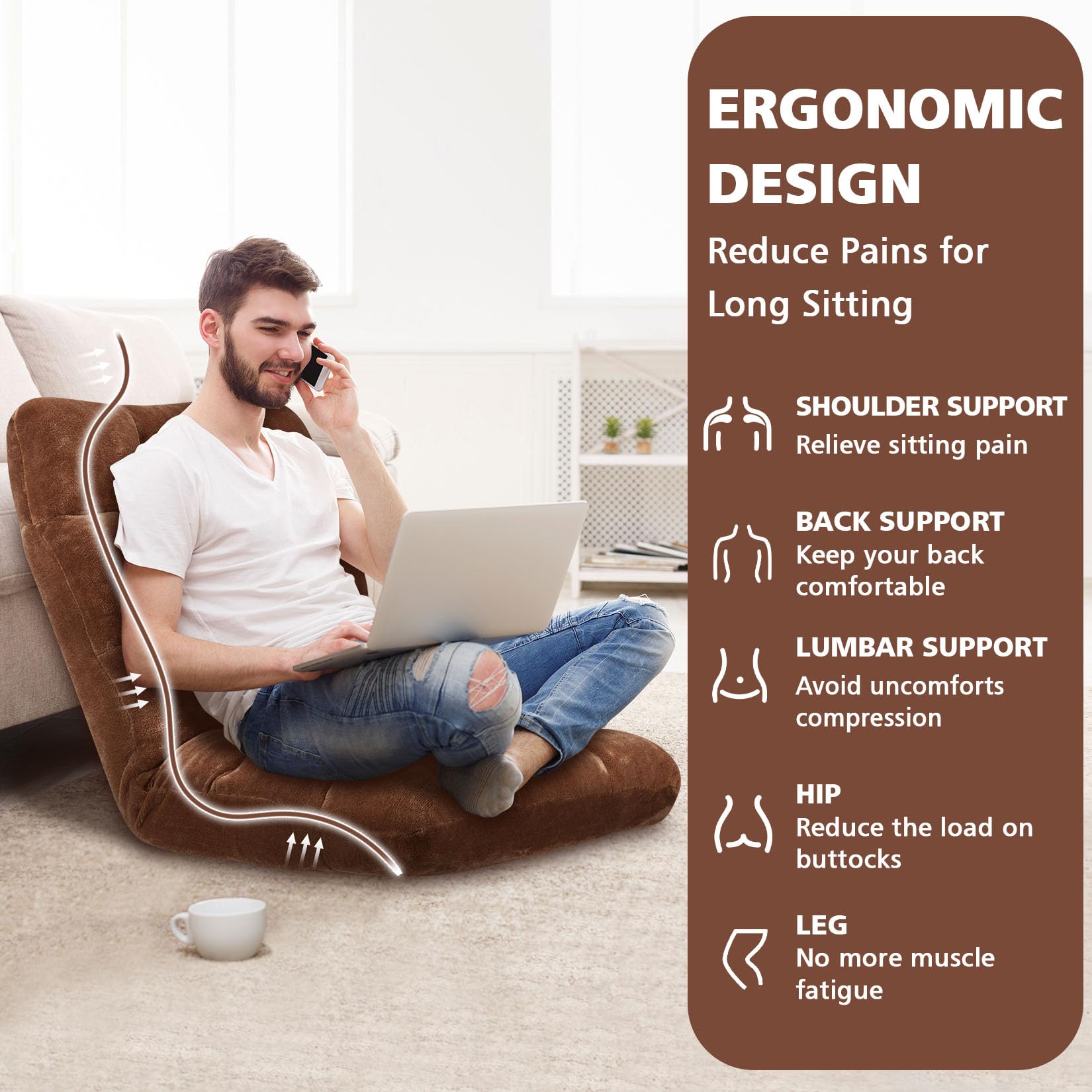 14-Position Adjustable Folding Floor Chair with Cushion - Breathable Cotton & Skin-Friendly Flannel Lazy Sofa for Adults & Kids - Perfect for Reading, Meditation, Living Room, Bedroom & Small Spaces (Brown)