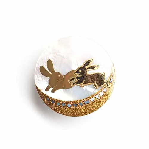 Handmade Japanese Maki-e Urushi Lacquer Brooch with White South Sea Pearl Shell - Rabbit Design Traditional Jewelry for Women, Gift for Collectors & Special Occasions
