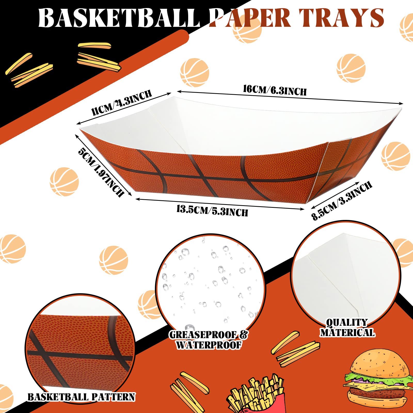 Marsui 100-Pack Basketball Party Supplies - Disposable Paper Food Trays & Wax Paper Sheets for Sports Themed Birthday Parties, Golf, Softball, Soccer & Baseball Events | Perfect for Game Day Snacks, Tailgating & Team Celebrations