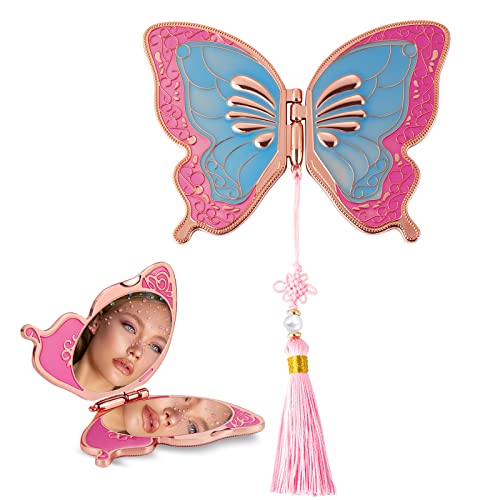 Vintage Butterfly Compact Mirror - 2X/1X Magnification Travel Pocket Mirror for Women, Zinc Alloy Double Sided Folding Handheld Purse Mirror, Portable Makeup Mirror Gift (Blue) | Perfect for Travel, Home Vanity & Handbag Essentials