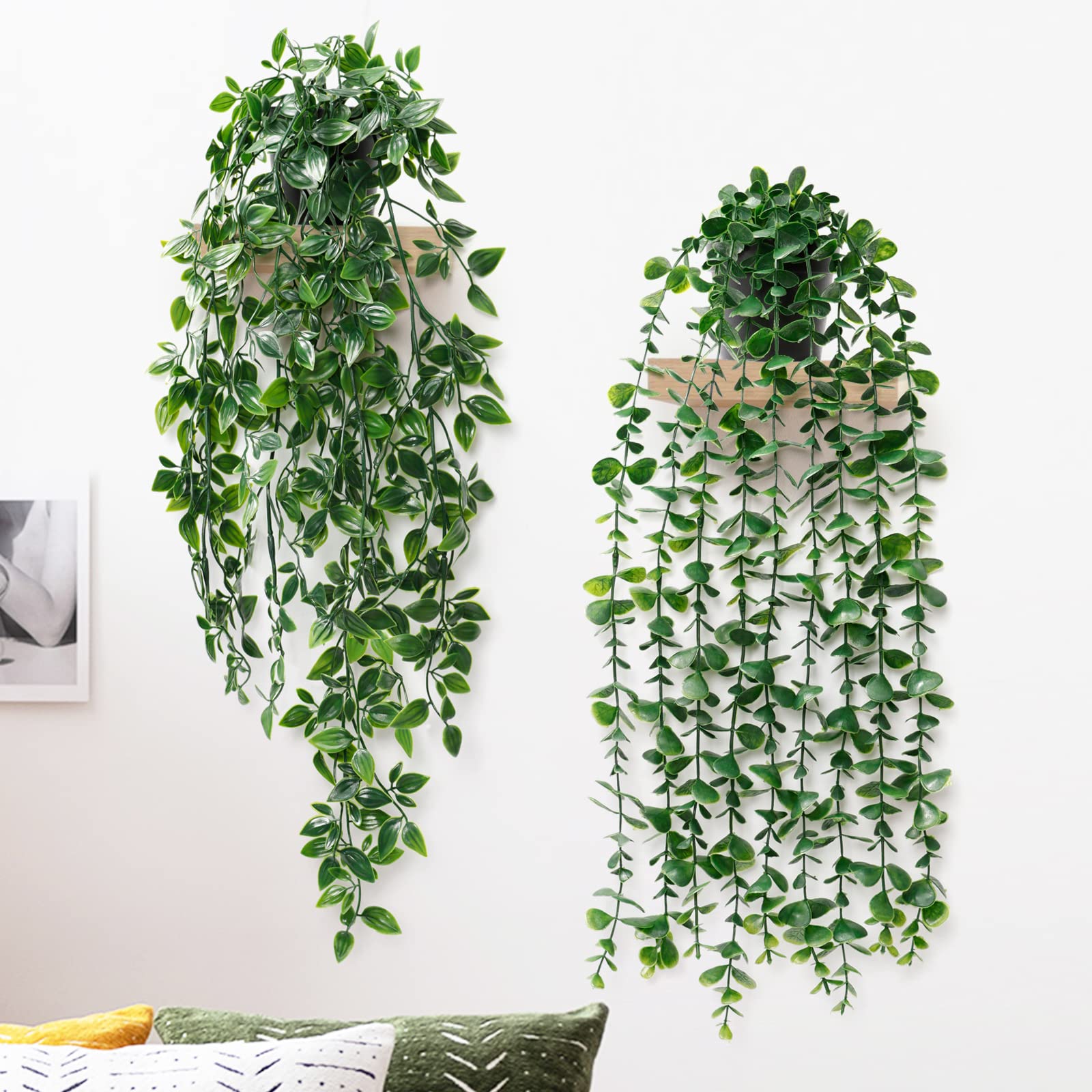 Dremisland 3-Pack Artificial Hanging Plants - Fake Potted Greenery Decor with Eucalyptus, Mandala & Snow Pea Vine - Indoor Outdoor Hanging Plants for Home, Office, Farmhouse, Porch, Balcony & Garden Decor (2 Pack)