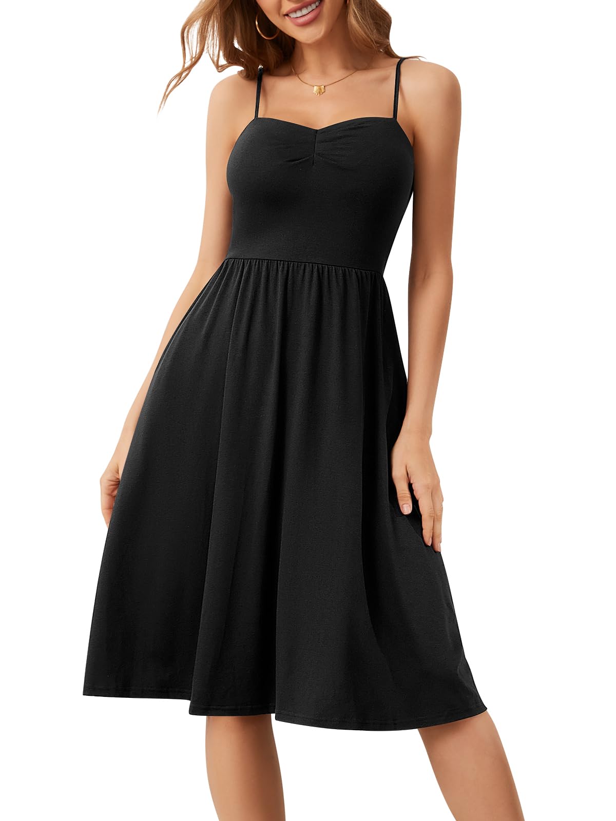 2025 Summer Dresses for Women - Casual Sweetheart Neckline Empire Waist A-Line Swing Dress with Spaghetti Straps & Pockets | Beach Vacation, Date Night, Office Wear
