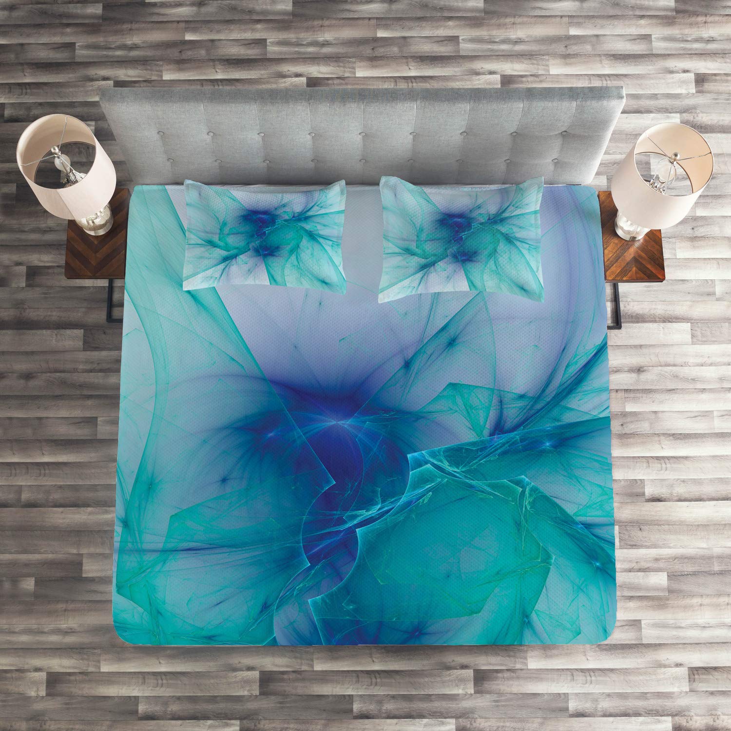 Ambesonne Psychedelic Computer Art King Size Quilted Bedspread Set - 3 Piece Teal Blue Coverlet with 2 Pillow Shams, Modern Geometric Design for Master Bedroom Decor | Perfect for Contemporary Homes & Guest Room Styling