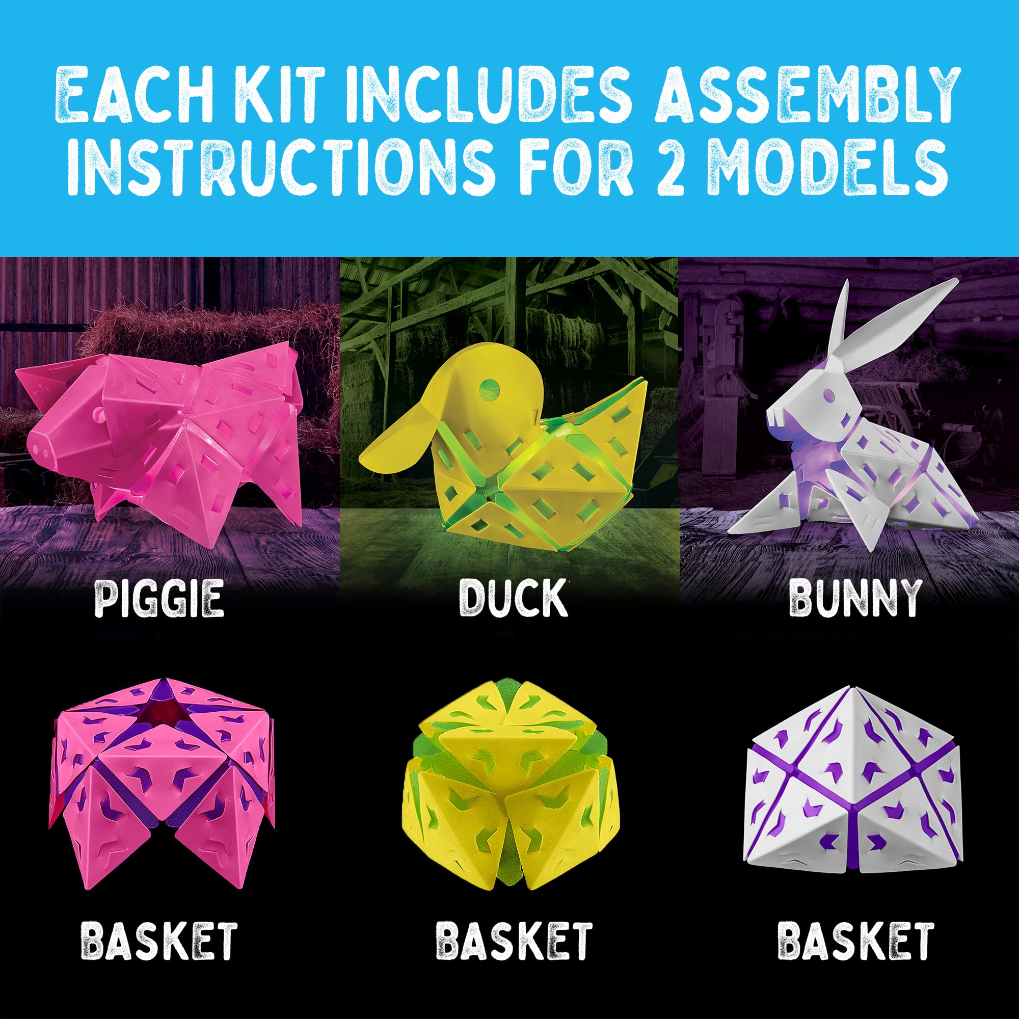 Creatto Barnyard Buddies – 3D Light-Up Puzzle Kit with LED Lights | DIY Building Toy Set for Kids (Brilliant Bunny, Dazzling Ducky, Playful Piggie) | 12-Piece Educational STEM Gift | Perfect for Birthday Parties, Easter Baskets, Christmas Stocking Stuffers & Night Light Decor