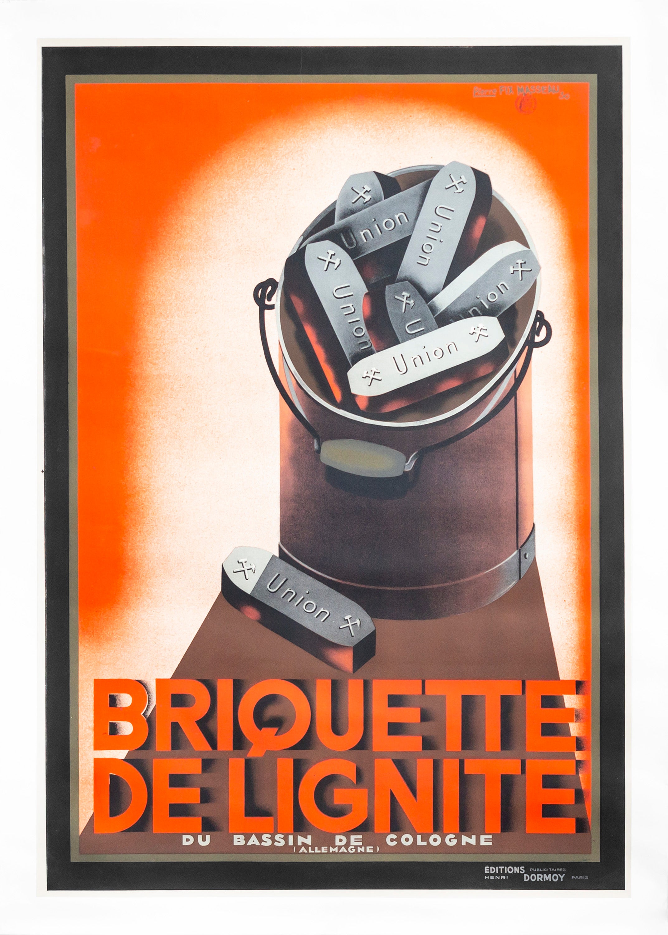 Vintage 1930 Original French Lignite Briquette Poster - Authentic Retro Coal Advertising Art for Home Decor & Office Wall Art