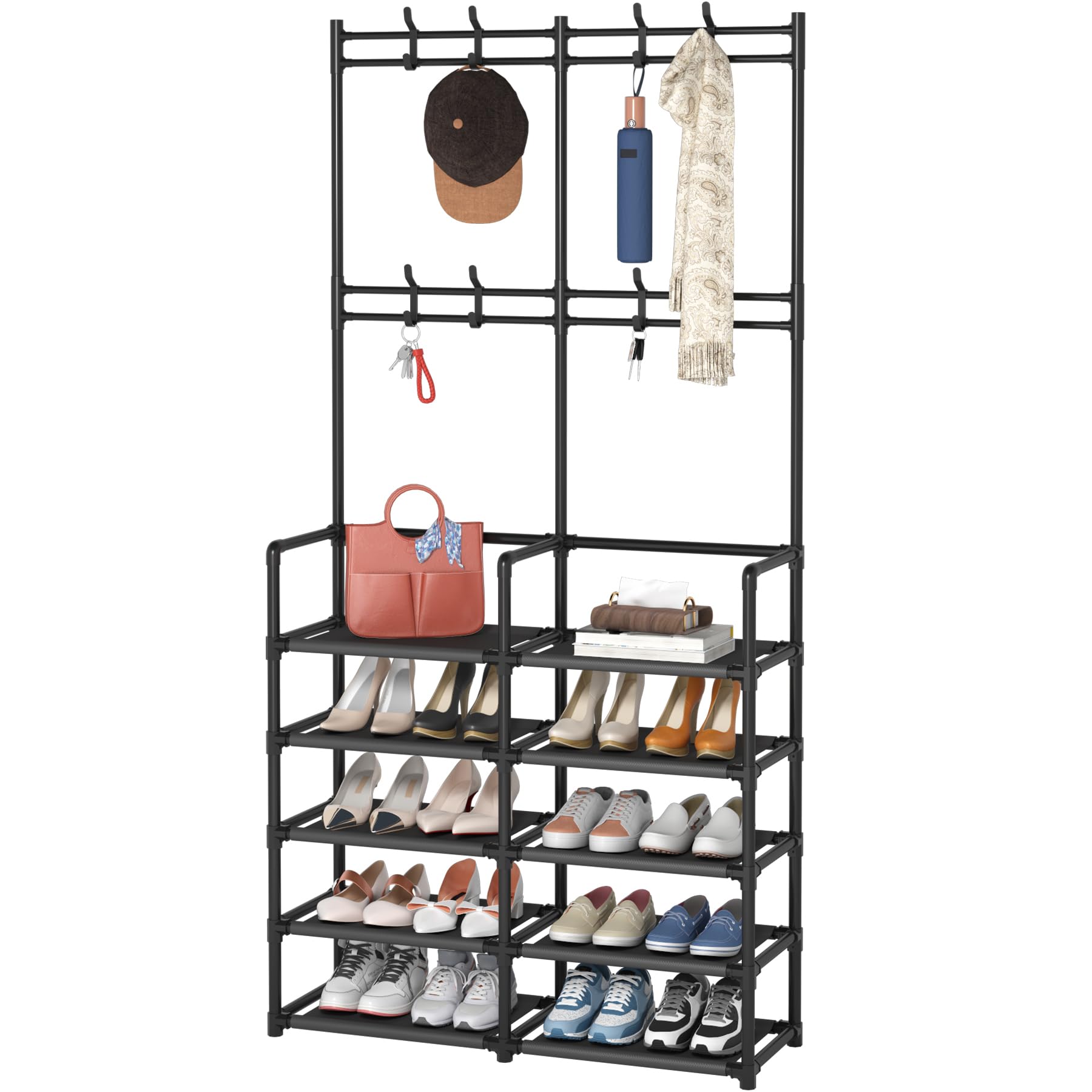 Laiensia 5-Tier Entryway Coat Rack with Shoe Storage & 8 Hooks - Space Saving Hallway Organizer Bench for Jackets, Bags, Shoes - Perfect for Bedroom, Office, Living Room & Small Apartment Entryway Organization