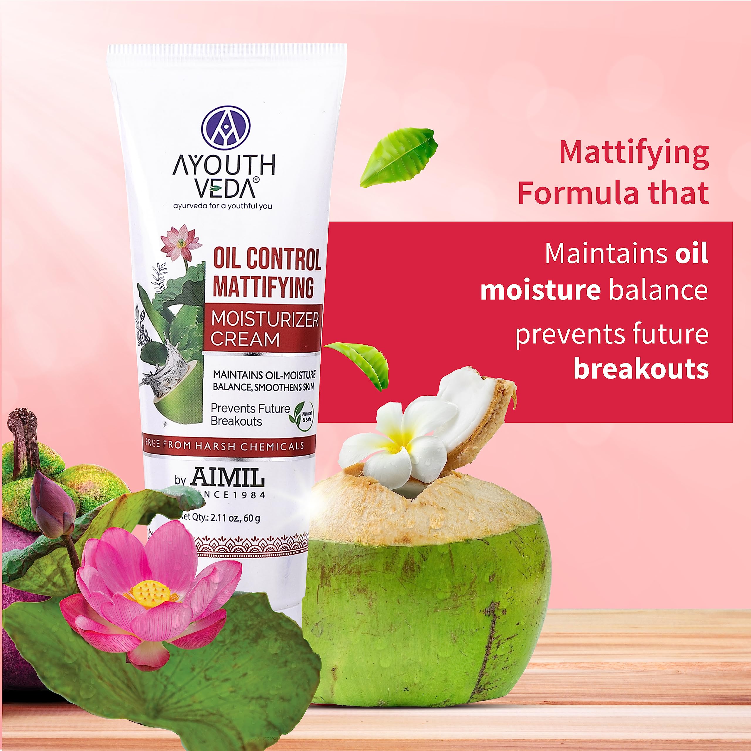 Ayouthveda Oil Control Mattifying Moisturizer Cream for Oily & Acne-Prone Skin | Green Tea, Aloe Vera & Coconut Water Formula | Reduces Redness & Breakouts | Hydrates & Smooths Skin | Pack of 2 (60g Each) | Perfect for Daily Skincare Routine & Travel