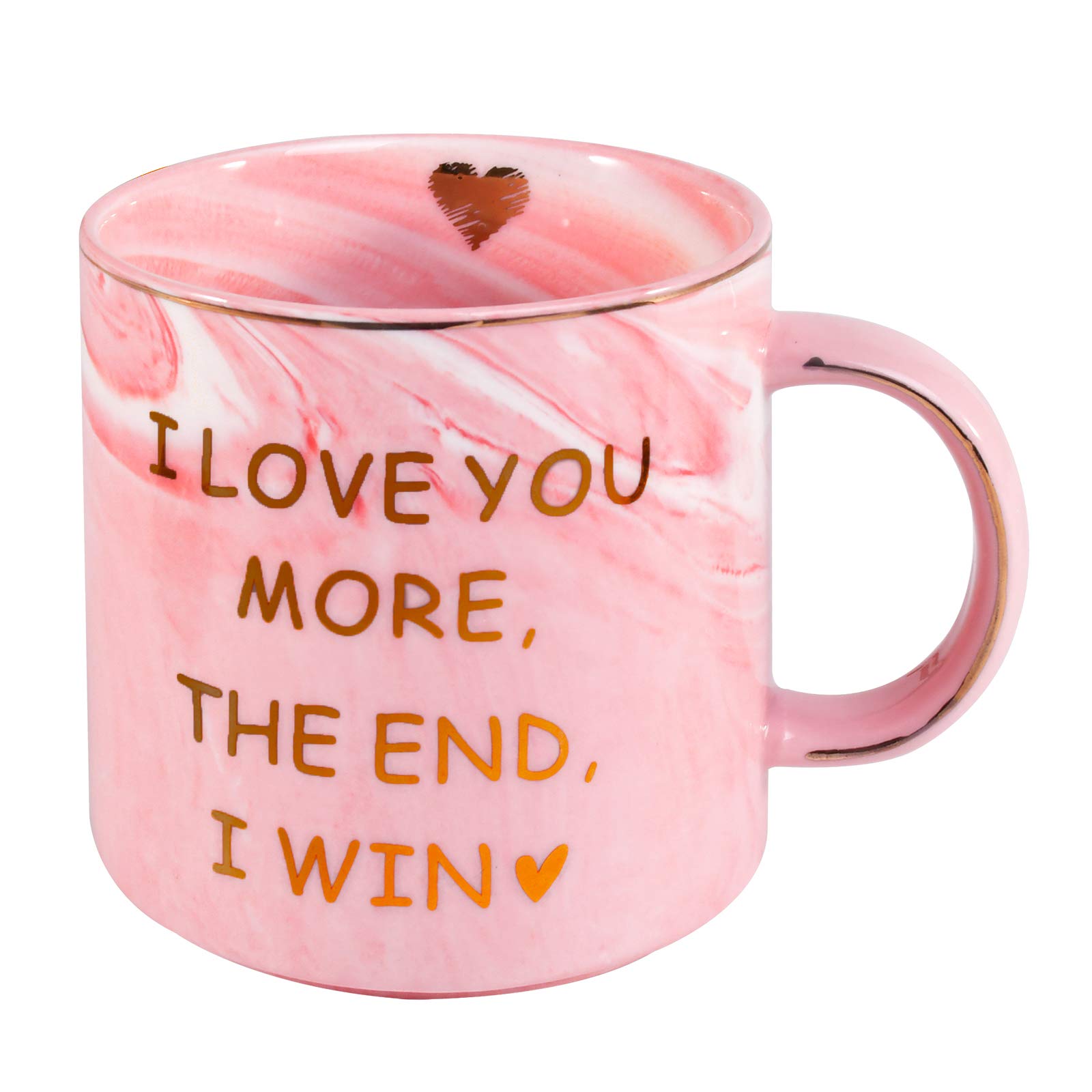 OEAGO 12 oz Marble Pink Coffee Mug - Funny 'I Love You More The End I Win' Printed Gift for Girlfriend, Wife, Women | Valentine's Day, Christmas, Birthday Present | Perfect for Coffee, Tea, Hot Chocolate at Home or Office