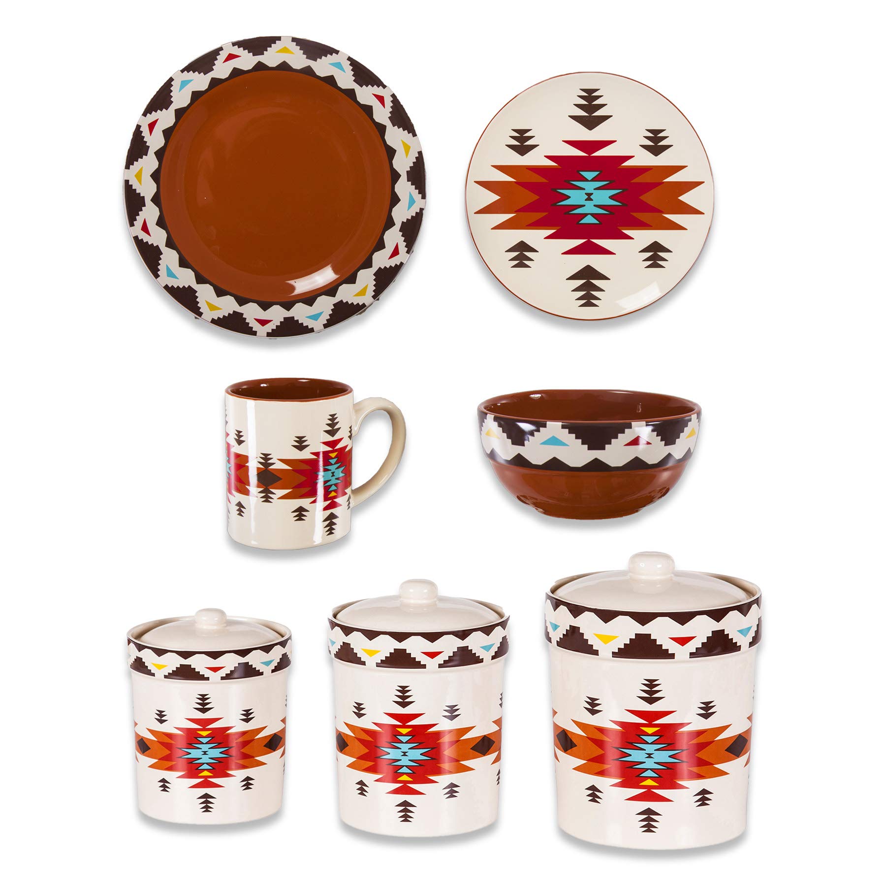 HiEnd Accents Del Sol Aztec 19-Piece Ceramic Dinnerware Set - Plates, Bowls, Mugs & Canisters - Southwestern Rustic Cabin Lodge Style Dinnerware for Home, Restaurant & Outdoor Dining