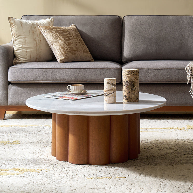 Kemina Modern Marble Coffee Table - Round White Marble Top Living Room Furniture for Home Decor & Small Spaces