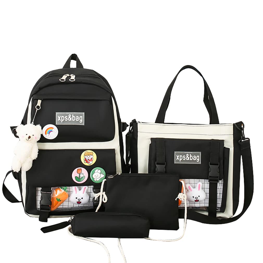 BUTESI 4-Piece Cute Backpack Set with Bear Charm - Kawaii Canvas School Backpack Combo Includes Pencil Case & Lunch Bag | Perfect for School, Travel & Daily Use