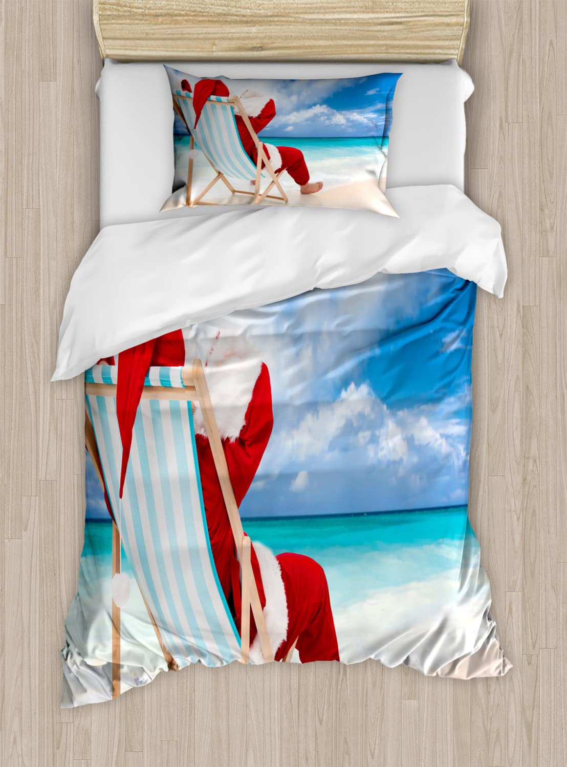 Ambesonne Santa Duvet Cover Set - Santa on Beach Chair Coastal Summer Vacation Theme, Twin Size 2-Piece Bedding Set with 2 Duvet Covers & 2 Pillowcases (Blue Sand Brown Red) - Perfect for Holiday Decor, Guest Room & Coastal Themed Bedrooms