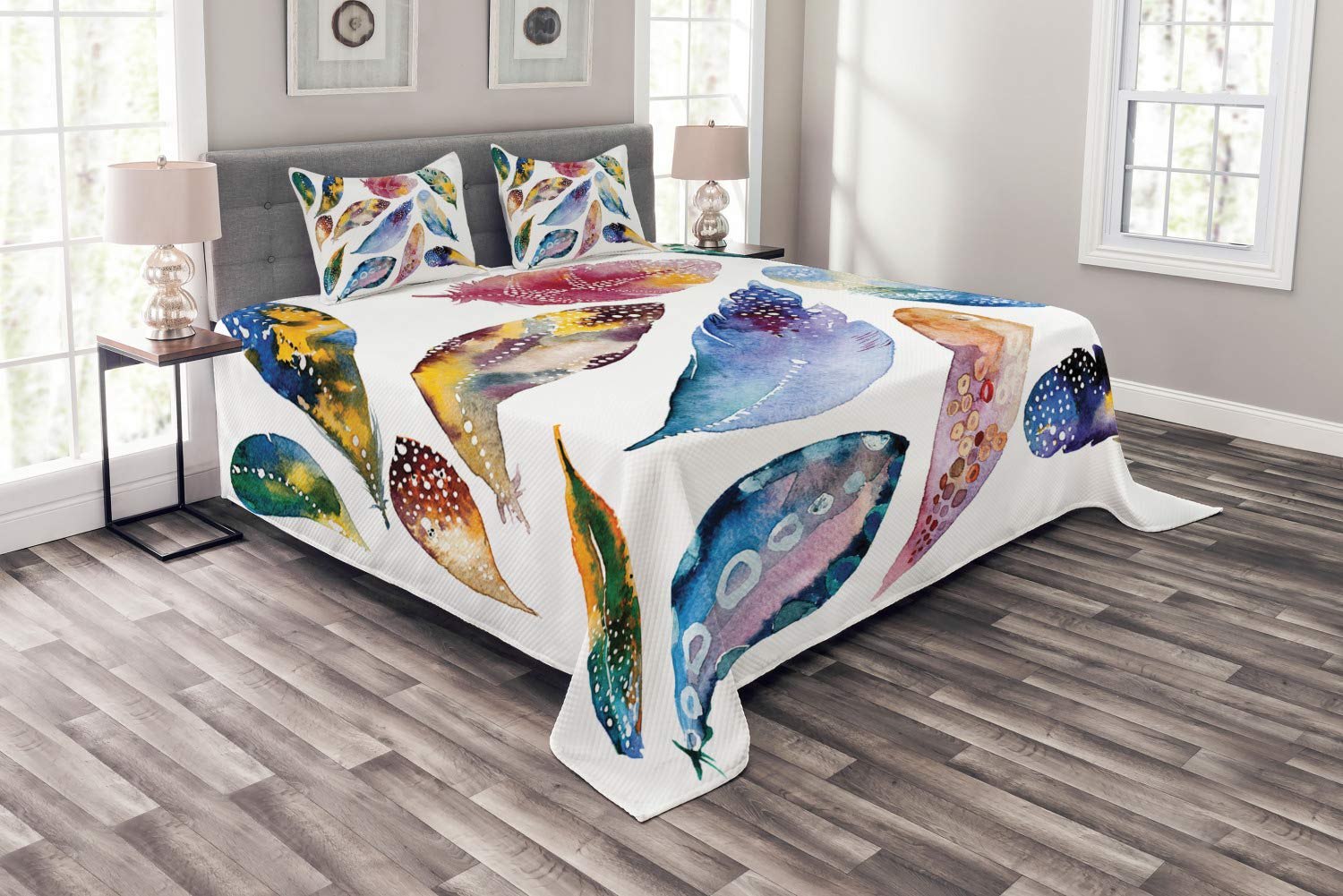 Ambesonne Tribal Bedspread Set - King Size 3-Piece Decorative Bedding with Feather & Harmony Print | Multicolor Bohemian Style Coverlet & 2 Pillow Shams for Master Bedroom, Guest Room or Dorm Decor