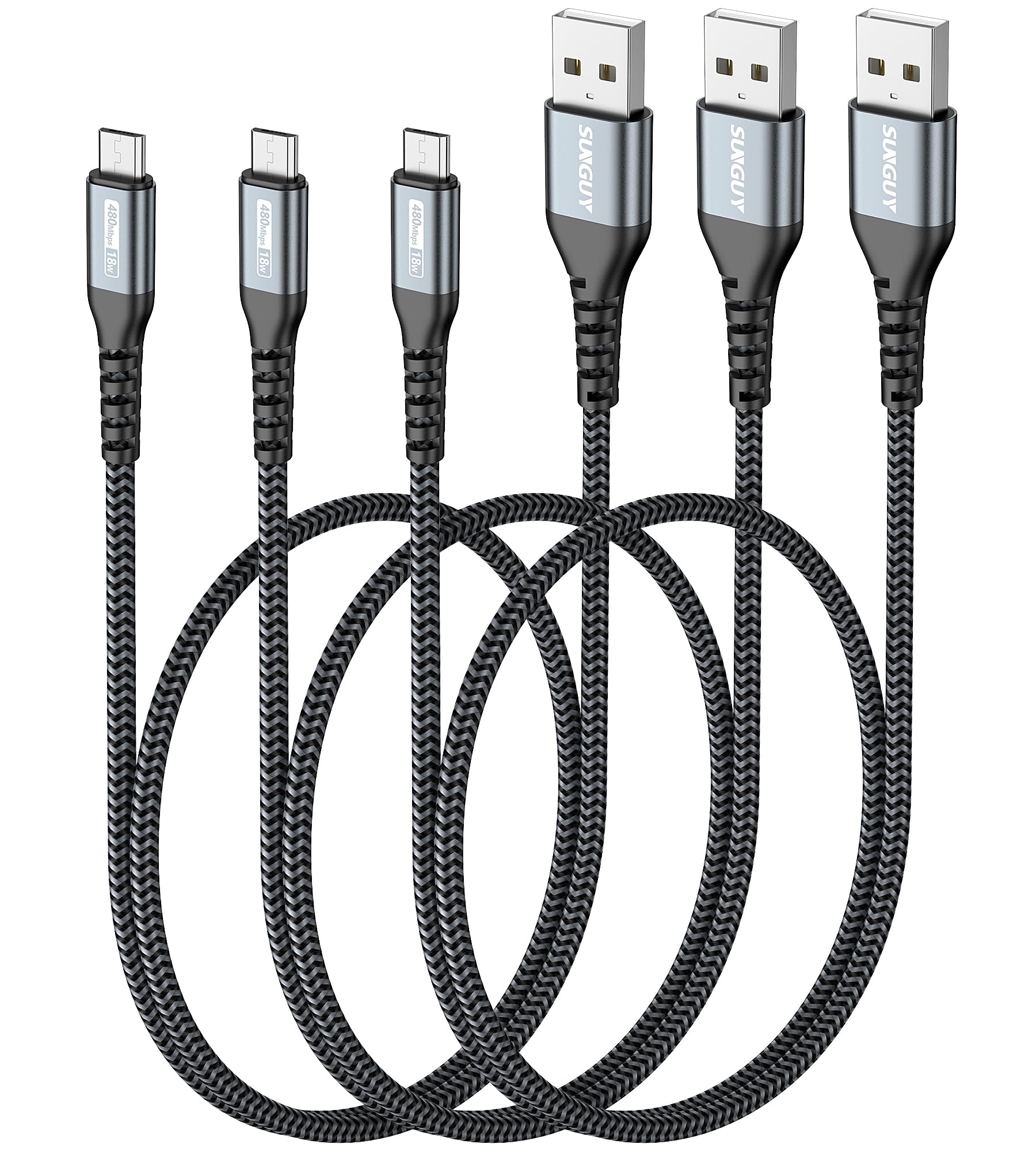 SUNGUY 3-Pack 2FT Micro USB Cable - Fast Charging & High-Speed Data Transfer USB 2.0 Cord with Durable Nylon Braiding - Compatible with Samsung Galaxy S7/S6, Android Phones, Power Banks, PS4 Controllers - Perfect for Home, Office & Travel Charging Needs