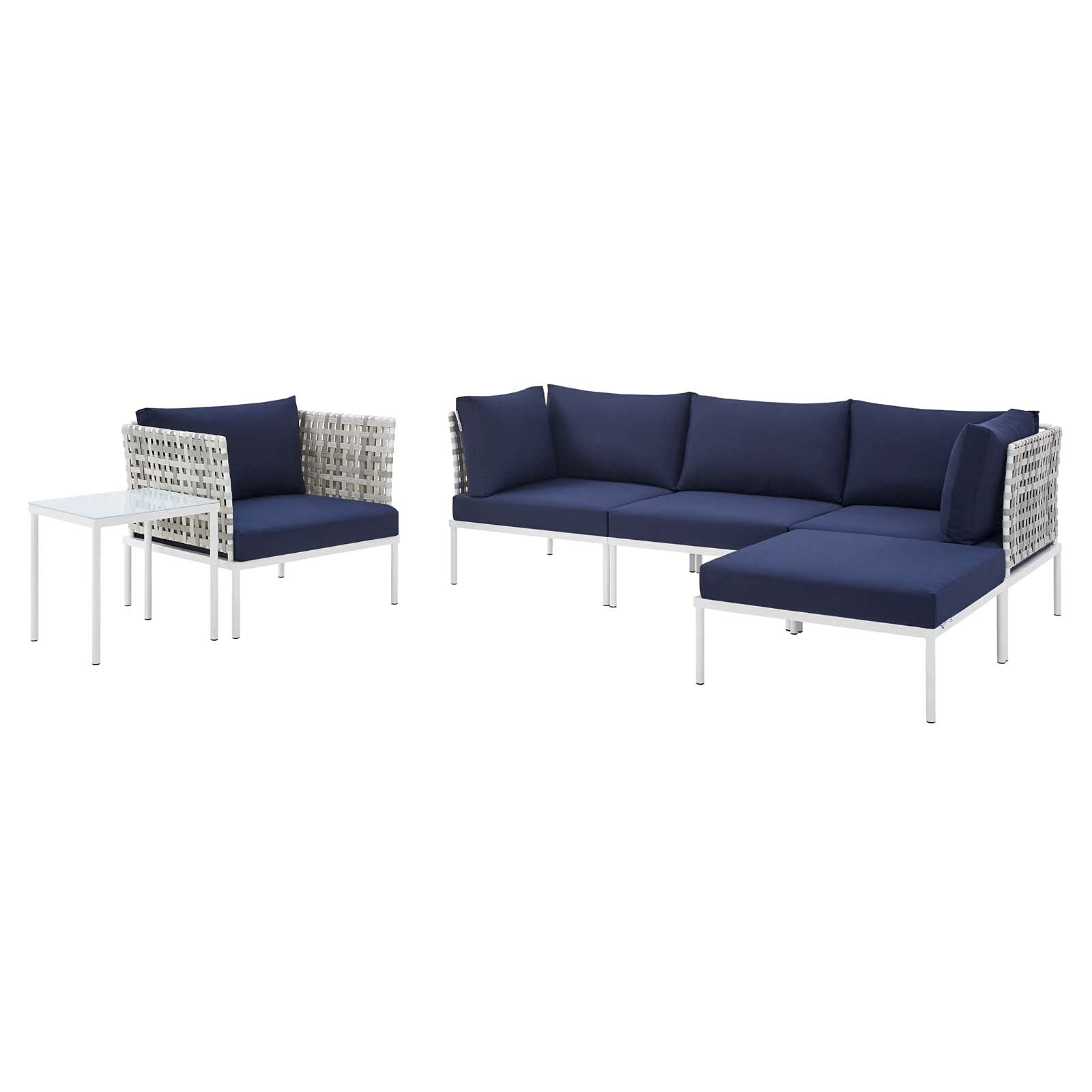 Modern Navy Blue Aluminum Lounge Sectional Sofa Set with Table - Outdoor Patio Furniture for Garden, Cafe, and Poolside Relaxation