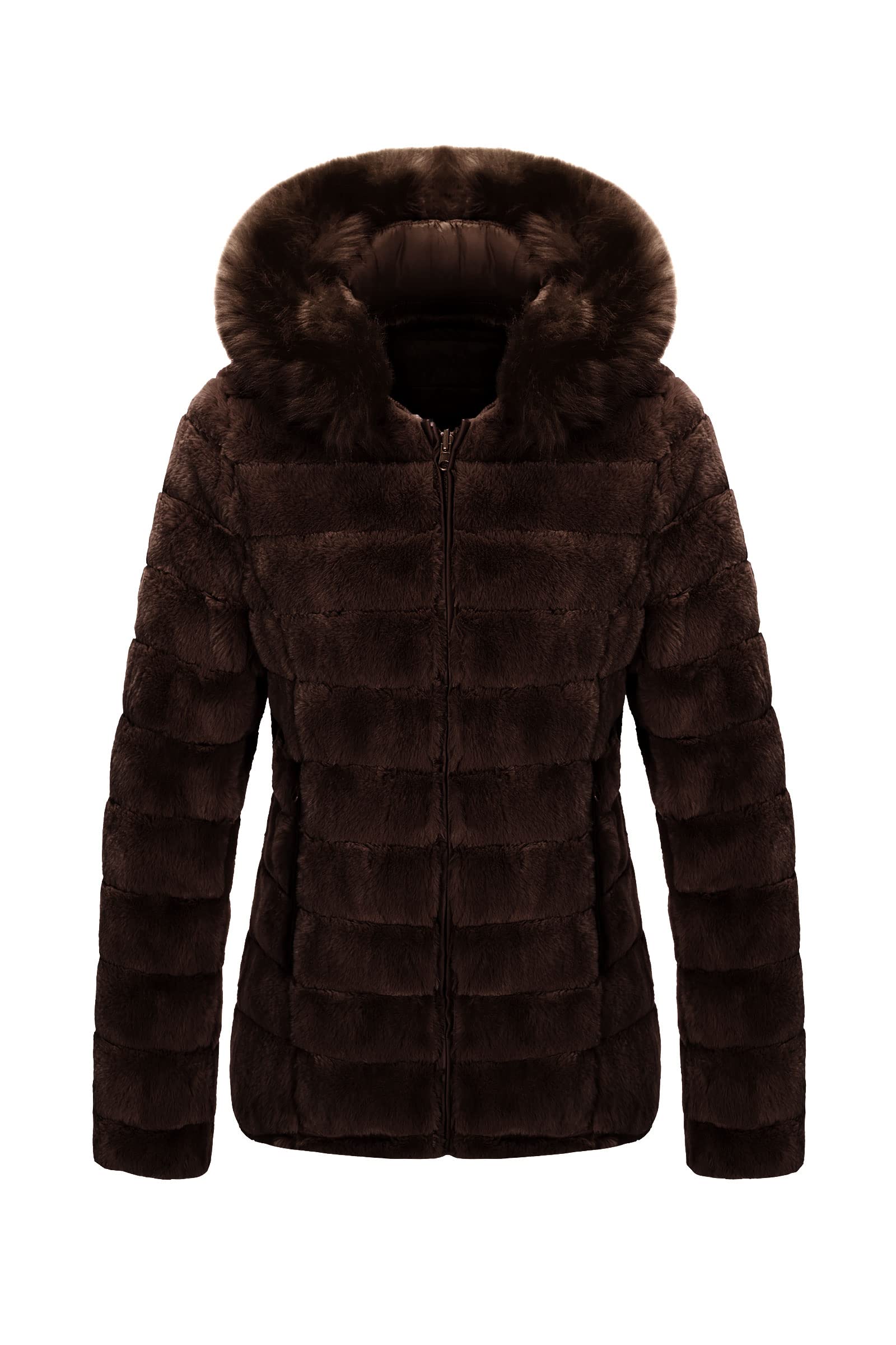 Bellivera Women's Reversible Faux Fur Jacket - Double Sided Winter Coat with Hood & Fur Collar | Warm Puffer Coat for Fall, Winter & Spring Fashion | Perfect for Outdoor Activities, Travel & Casual Wear