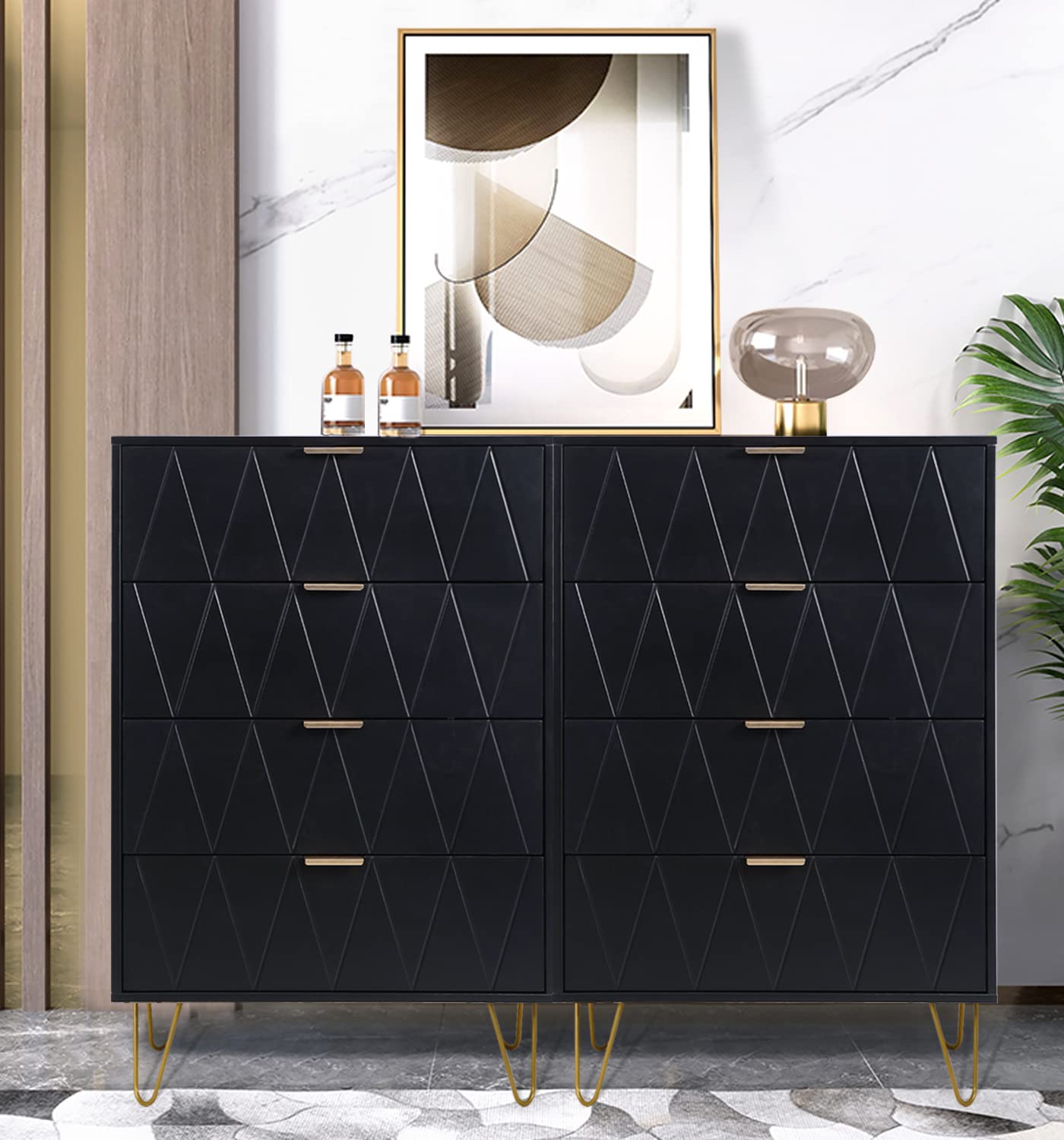 Anbuy Dual 4 Drawer Dresser - Black Set of 2 | Modern Double Drawer Chest with Metal Legs | Tall Storage Cabinet Organizer for Bedroom, Living Room & Closet | Perfect for Small Space Organization & Home Decor