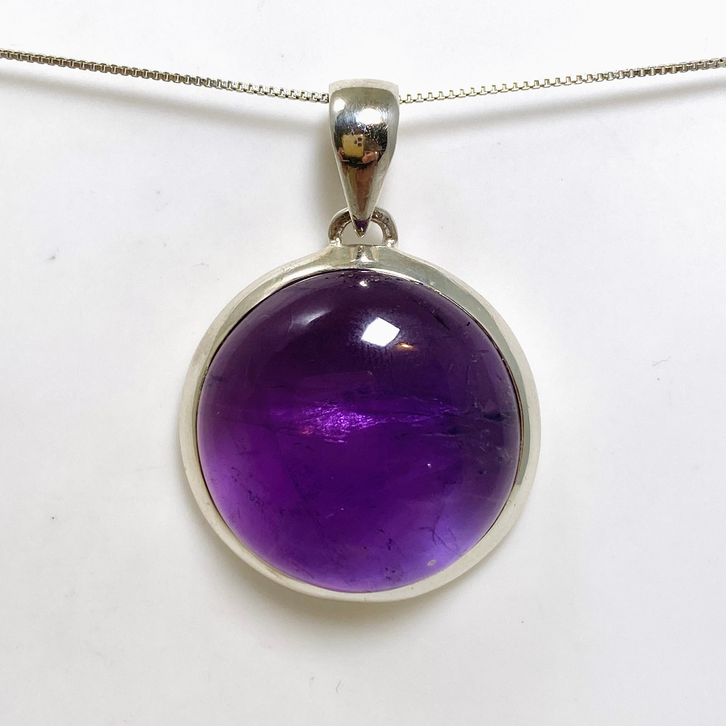 Natural Amethyst Round Cabochon Pendant Necklace - 925 Sterling Silver Jewelry for Women, Healing Crystal Gift for Meditation & Spiritual Protection