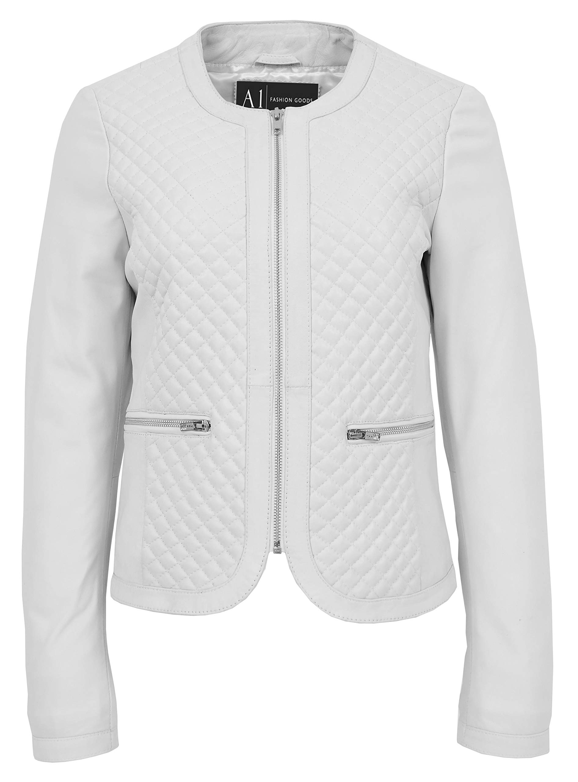 Women's Collarless Soft White Leather Biker Jacket - Fitted Quilted Stitch Design for Motorcycle Riding & Casual Outfits | Remi Brand