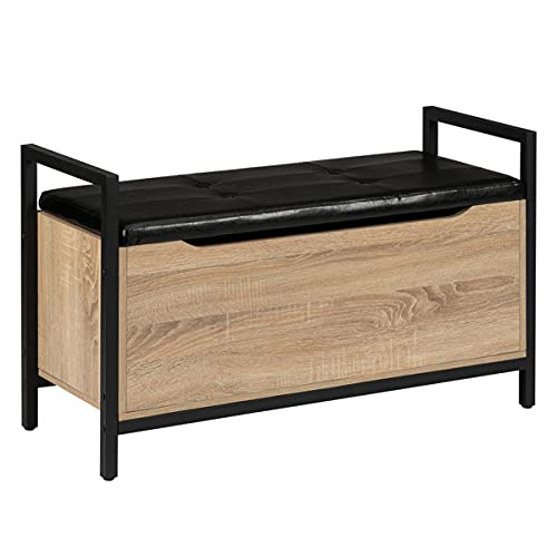 Industrial Storage Bench with Hidden Shoe Compartment - White Oak Entryway Bench, End of Bed Ottoman Chest for Hallway, Bedroom & Living Room - Perfect for Small Space Organization and Stylish Home Decor