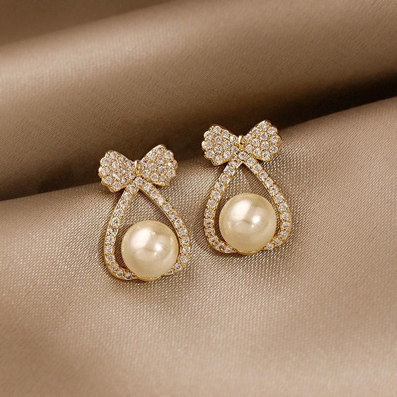 Classic Pearl Bow Ribbon Stud Earrings for Women | Elegant Dainty Jewelry Gift for Her | Perfect for Weddings, Parties & Everyday Wear (D3006)