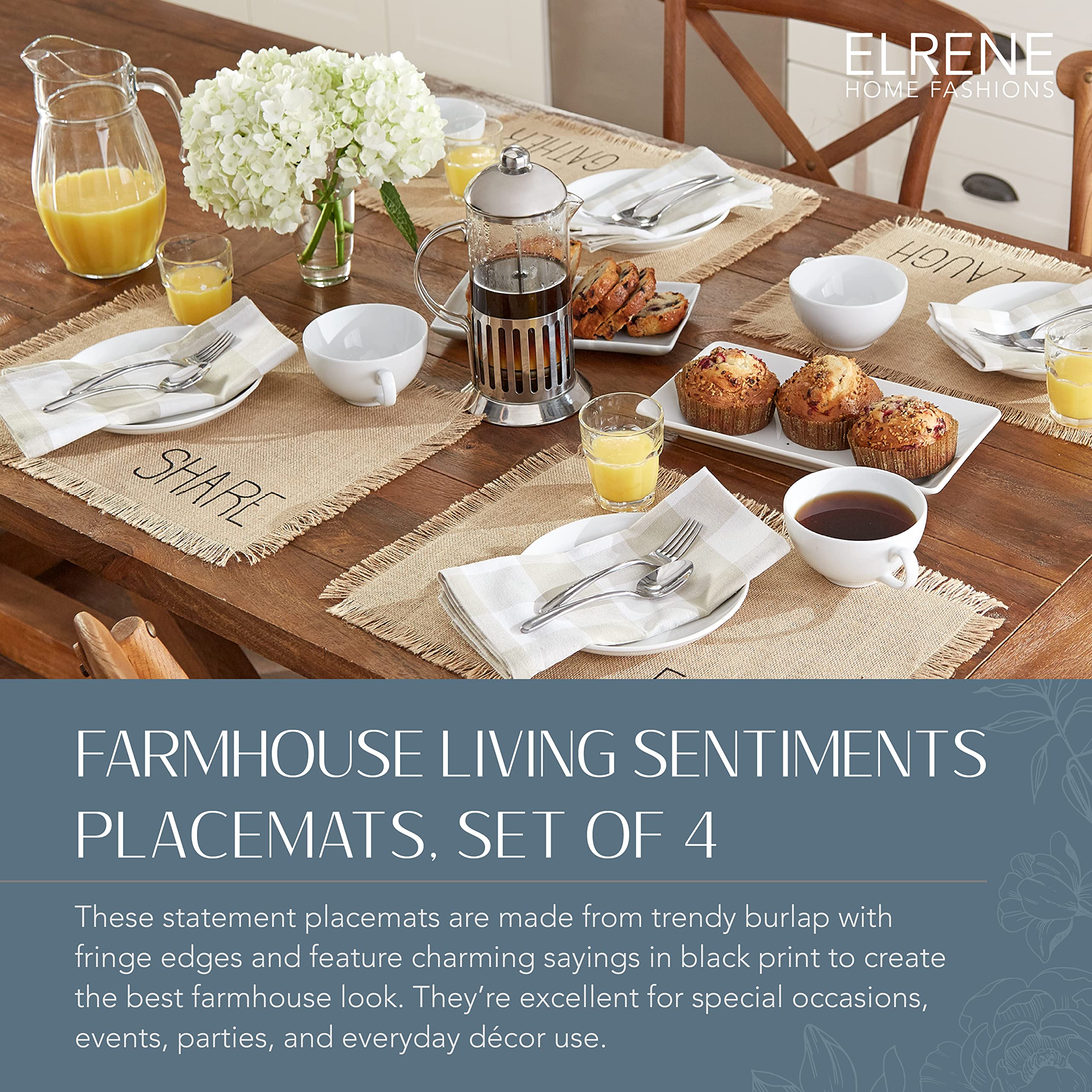 Elrene Home Fashions Farmhouse Style Burlap Placemats Set of 4 - Rustic Tan Table Mats for Dining Room Decor, Kitchen Table Setting & Holiday Entertaining