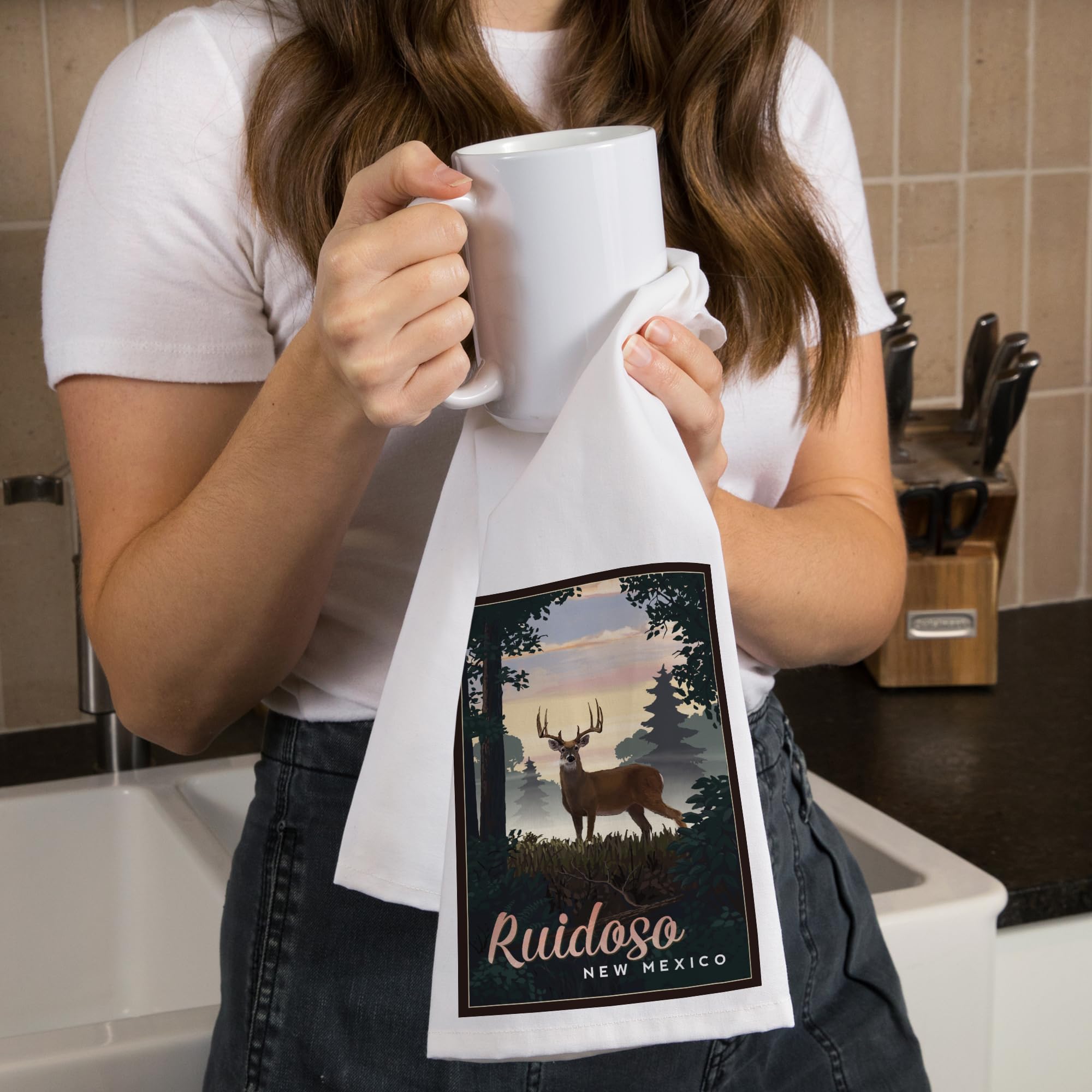 Lantern Press Ruidoso New Mexico Deer and Sunrise Tea Towel - 100% Cotton Decorative Hand Towel for Kitchen & Home - Perfect for Dish Drying, Gift Giving, and Farmhouse Decor