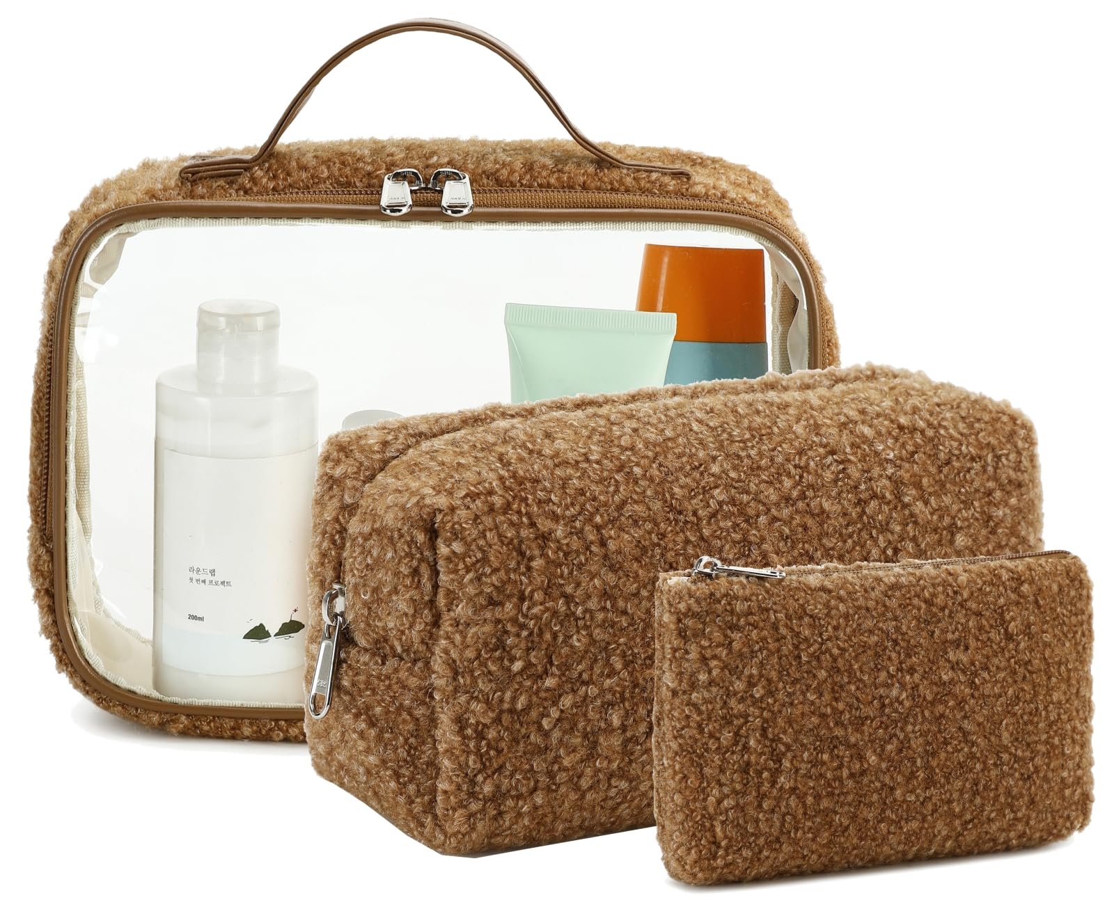 Bluboon 3-Piece Clear Makeup Organizer Set - Waterproof Travel Toiletry Bags with Zipper for Women | Perfect for Cosmetics, Skincare & Travel Essentials (Coffee Lamb Wool) | Great for Airplane Carry-On, Gym & Weekend Getaways