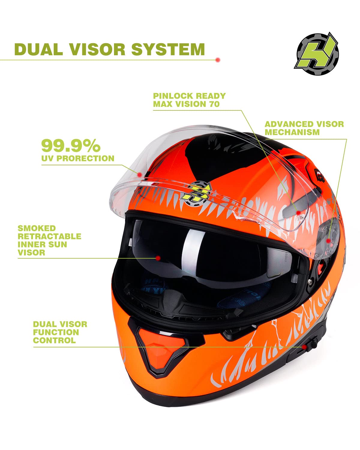 HAX Full Face Motorcycle Helmet DOT Approved - Lightweight Dual Rear Wing Street Bike Helmet for Adults with Pinlock Ready (Impulse Devour Orange, Large) - Perfect for Urban Commuting, Highway Riding & Motorcycle Enthusiasts