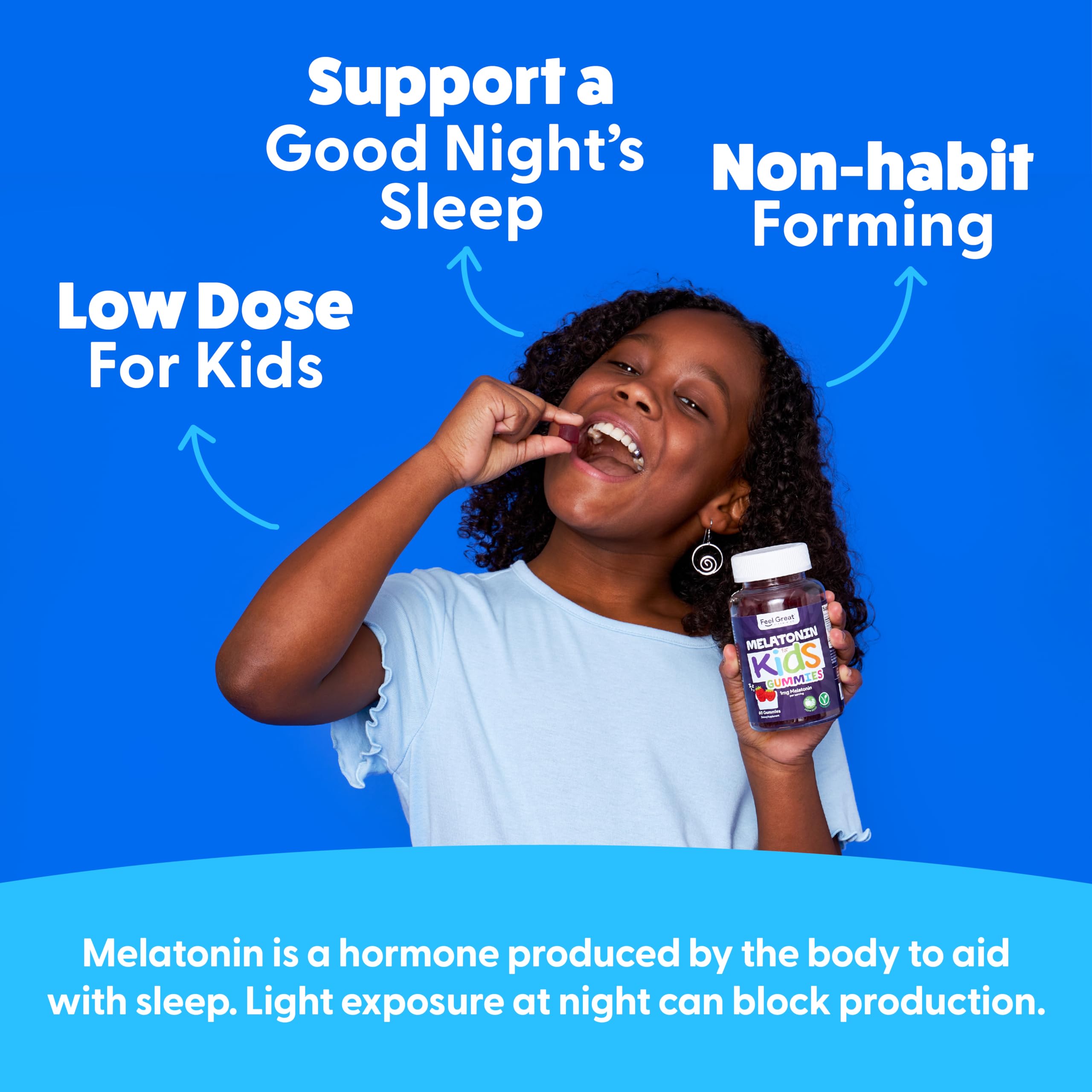 Feel Great Kids Melatonin Gummy - Strawberry Flavored Sleep Aid for Children | 1mg Vegan Melatonin Gummies for Kids | 60-Day Supply | Supports Bedtime Routine & Travel Sleep