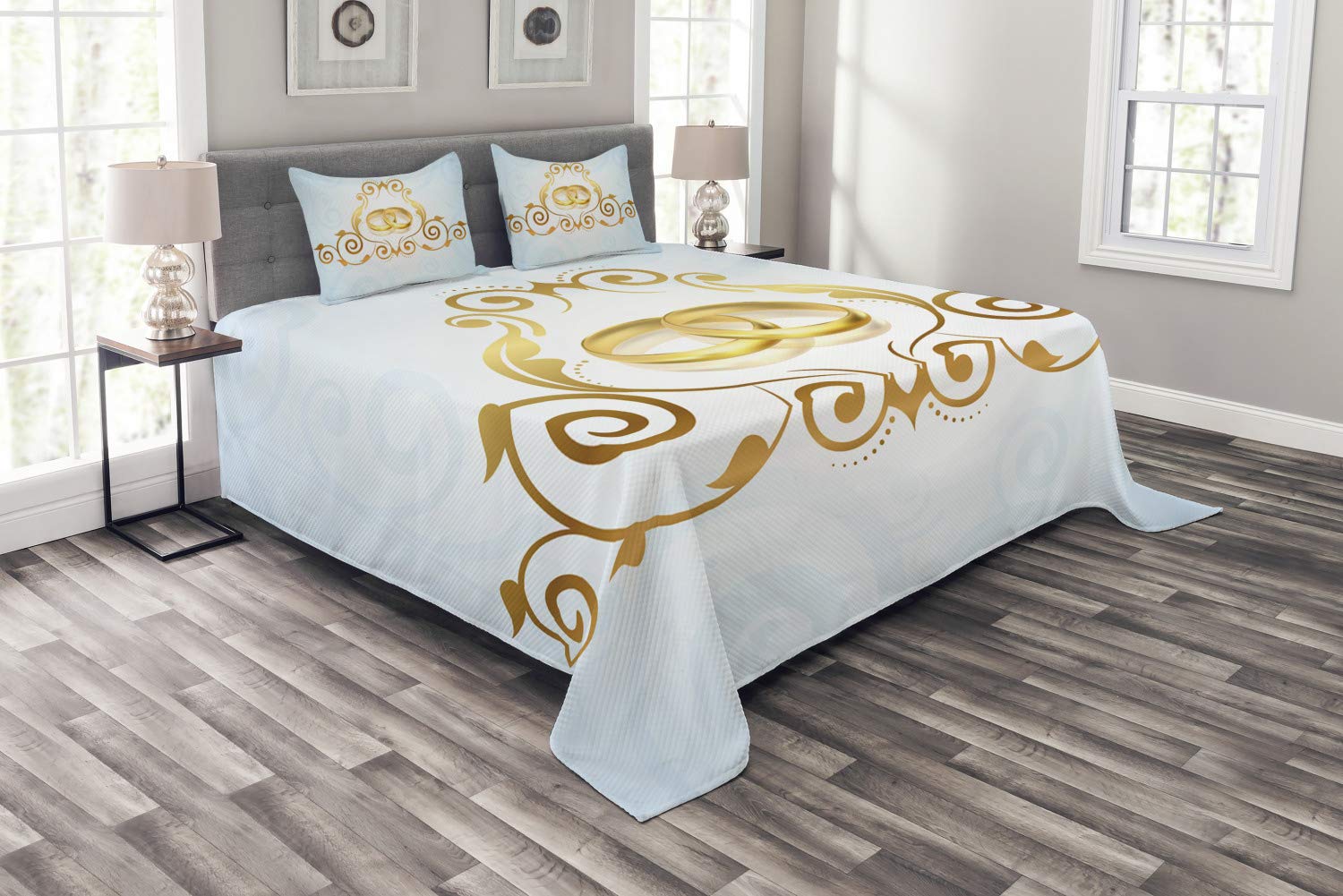 Ambesonne Vintage Victorian Wedding Bedspread Set - 3 Piece Blue & Caramel Yellow Bedding Coverlet with 2 Pillow Shams, King Size | Elegant Bedroom Decor for Anniversary, Bridal Shower & Romantic Home Staging