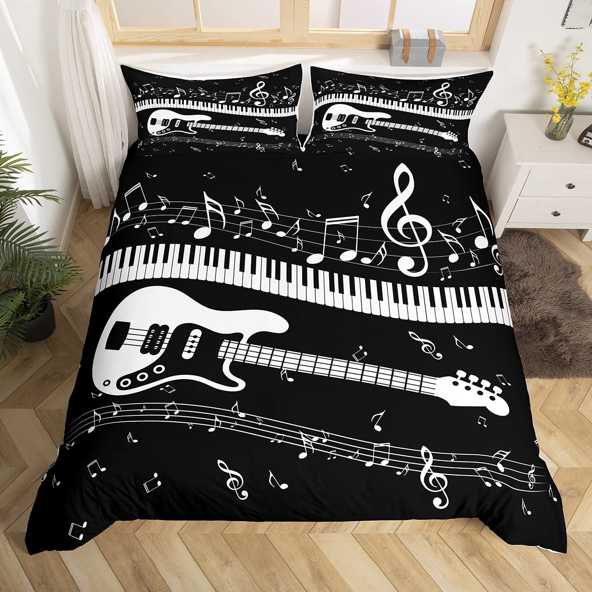 Erosebridal Guitar Bedding Set - Musical Notes & Piano Keys Comforter Cover for Kids, Boys, Girls & Teens - Rock & Roll Music Duvet Cover with Electric Guitar Design - Black Twin Size 2-Piece Bedspread Set - Perfect for Music Lovers' Bedroom Decor & Themed Kids' Rooms