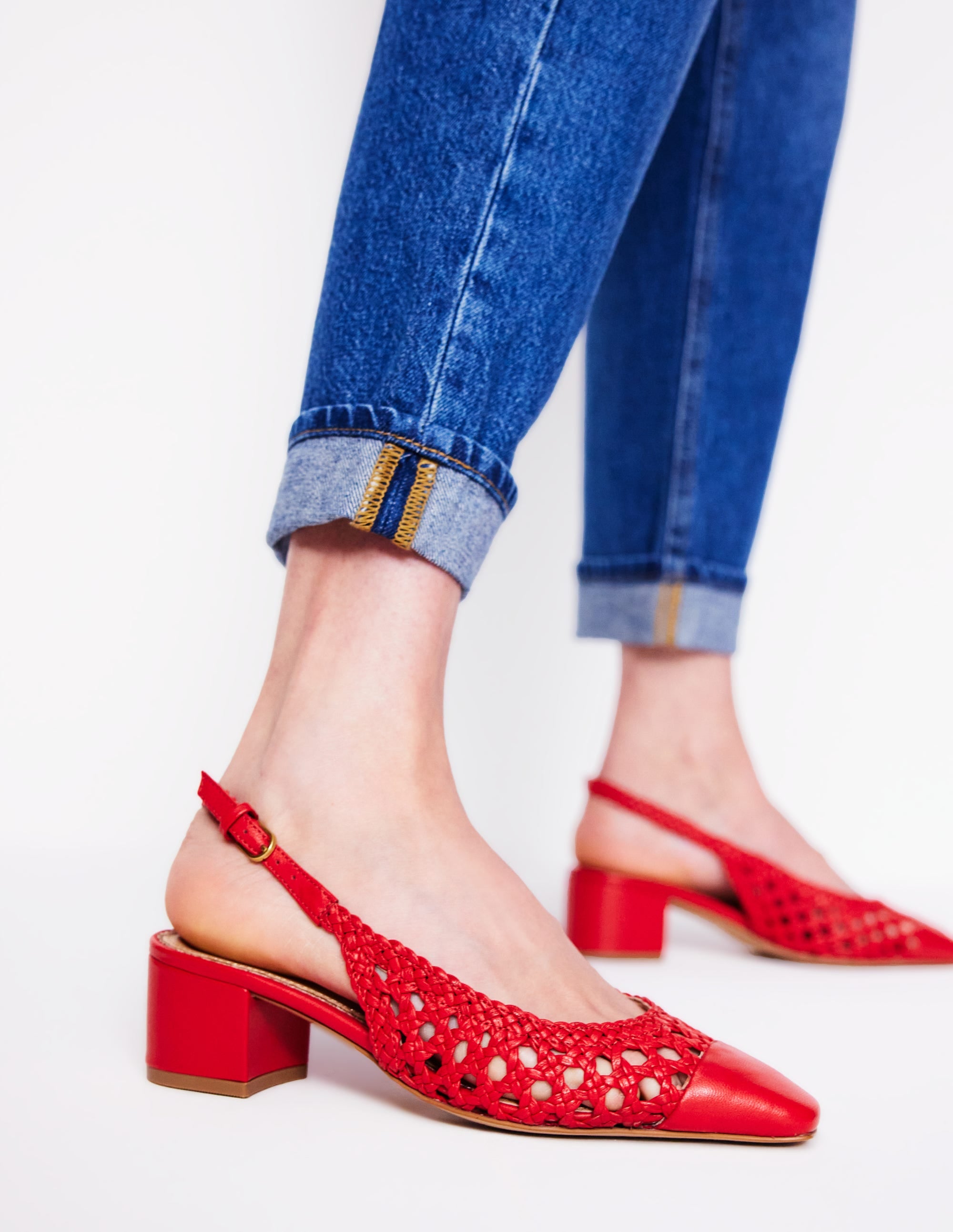 Ailsa Block Heel Slingback Sandals - Post Box Red Woven Leather Women's Shoes for Office, Party & Special Occasions