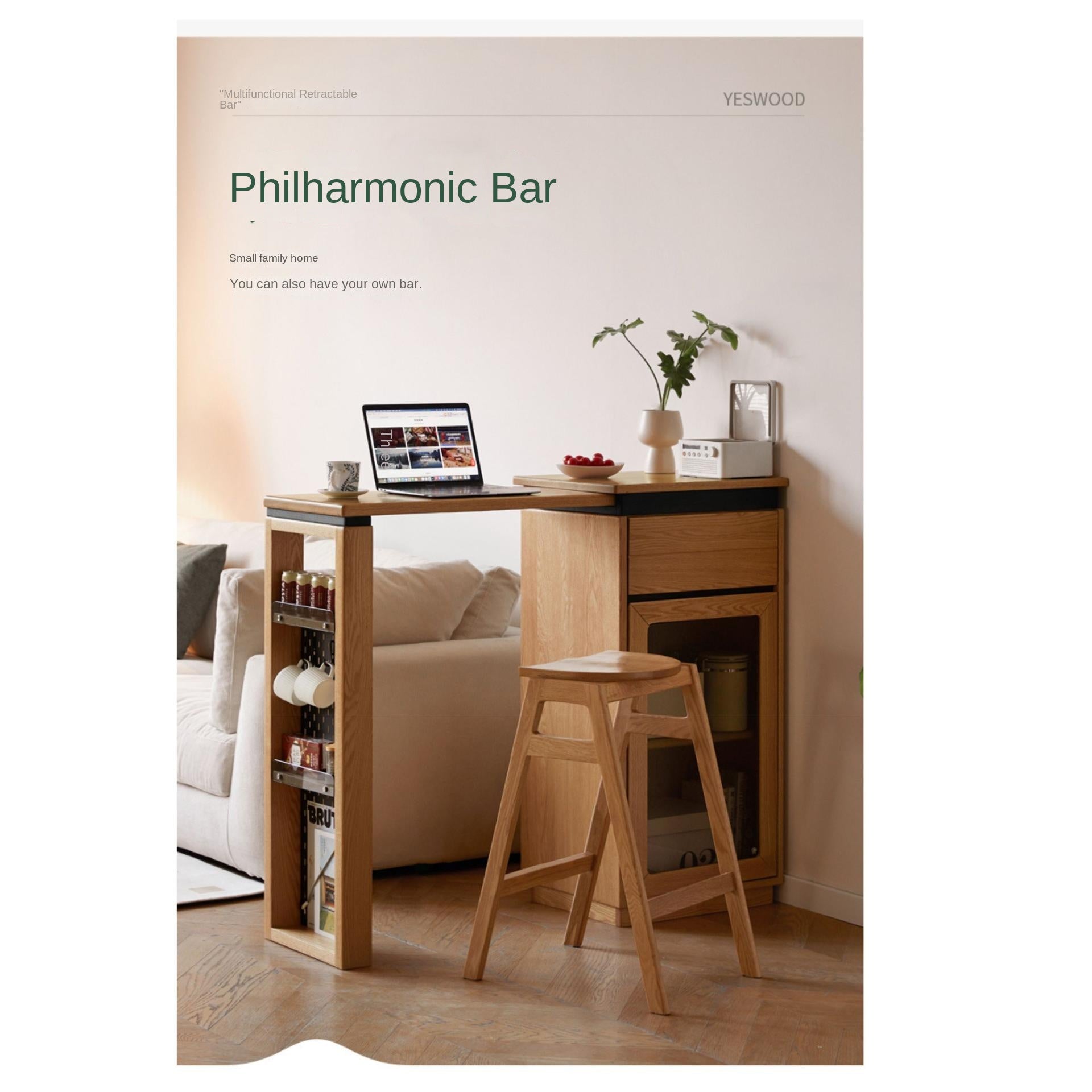 Solid Oak Wood Extendable Bar Table - Adjustable Height for Kitchen, Dining Room & Home Office - Perfect for Small Spaces & Entertaining