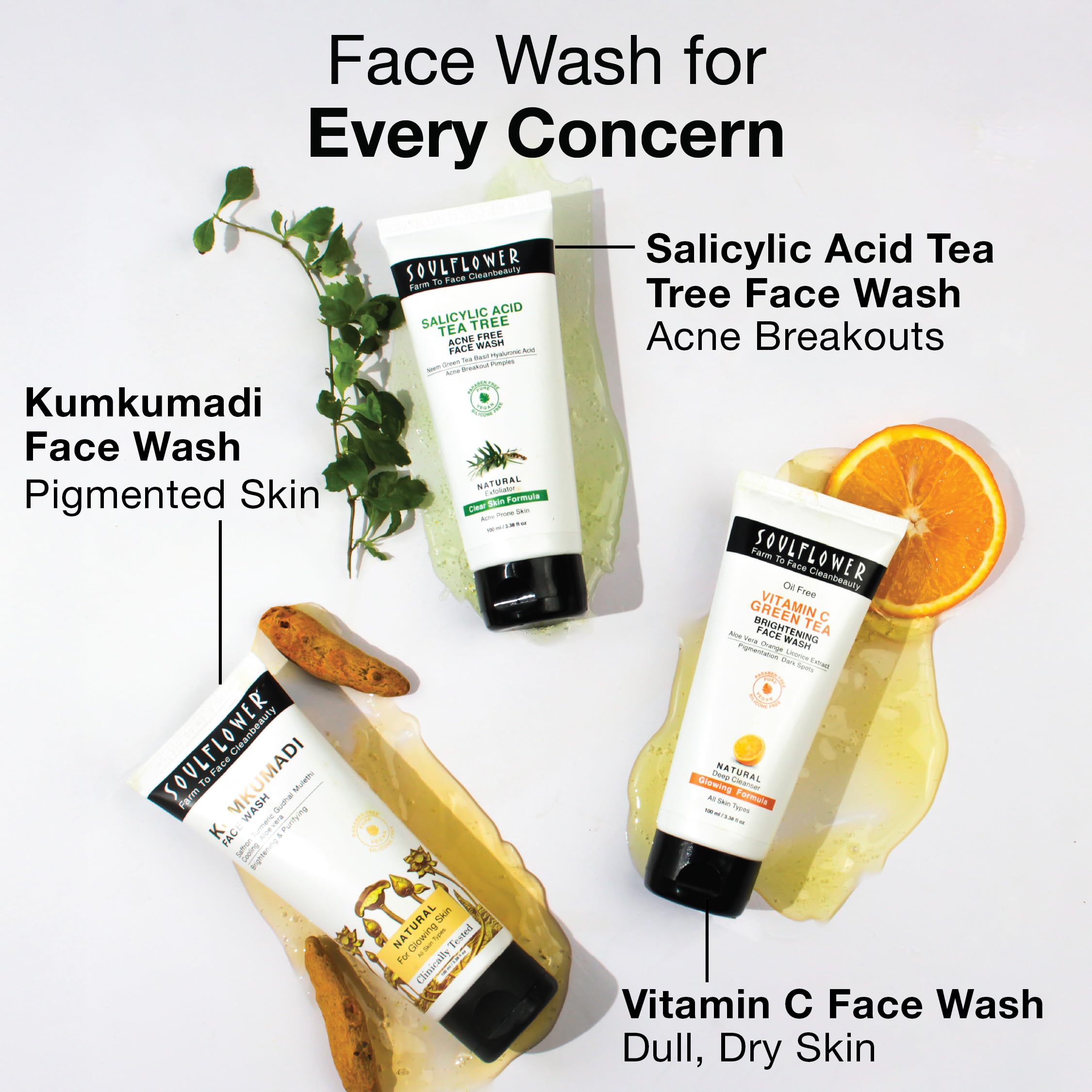 Soulflower Vitamin C Face Wash for Glowing Skin - Deep Cleansing Facial Cleanser with Green Tea, Aloe Vera, Orange & Licorice Extract | 100ml | For Men & Women | Brightening, Anti-Aging & Hydrating | Perfect for Daily Skincare Routine & Acne-Prone Skin