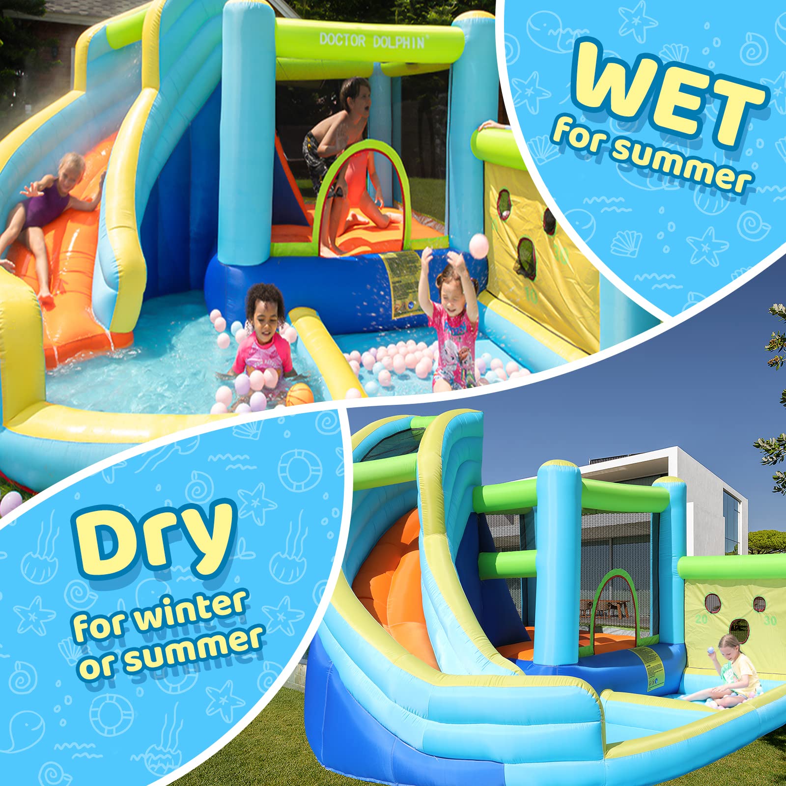 **Doctor Dolphin Inflatable Bounce House with Water Slide for Kids - Outdoor & Indoor Water Park Play Set with Blower, Perfect for Backyard Parties, Summer Fun, and Family Gatherings**