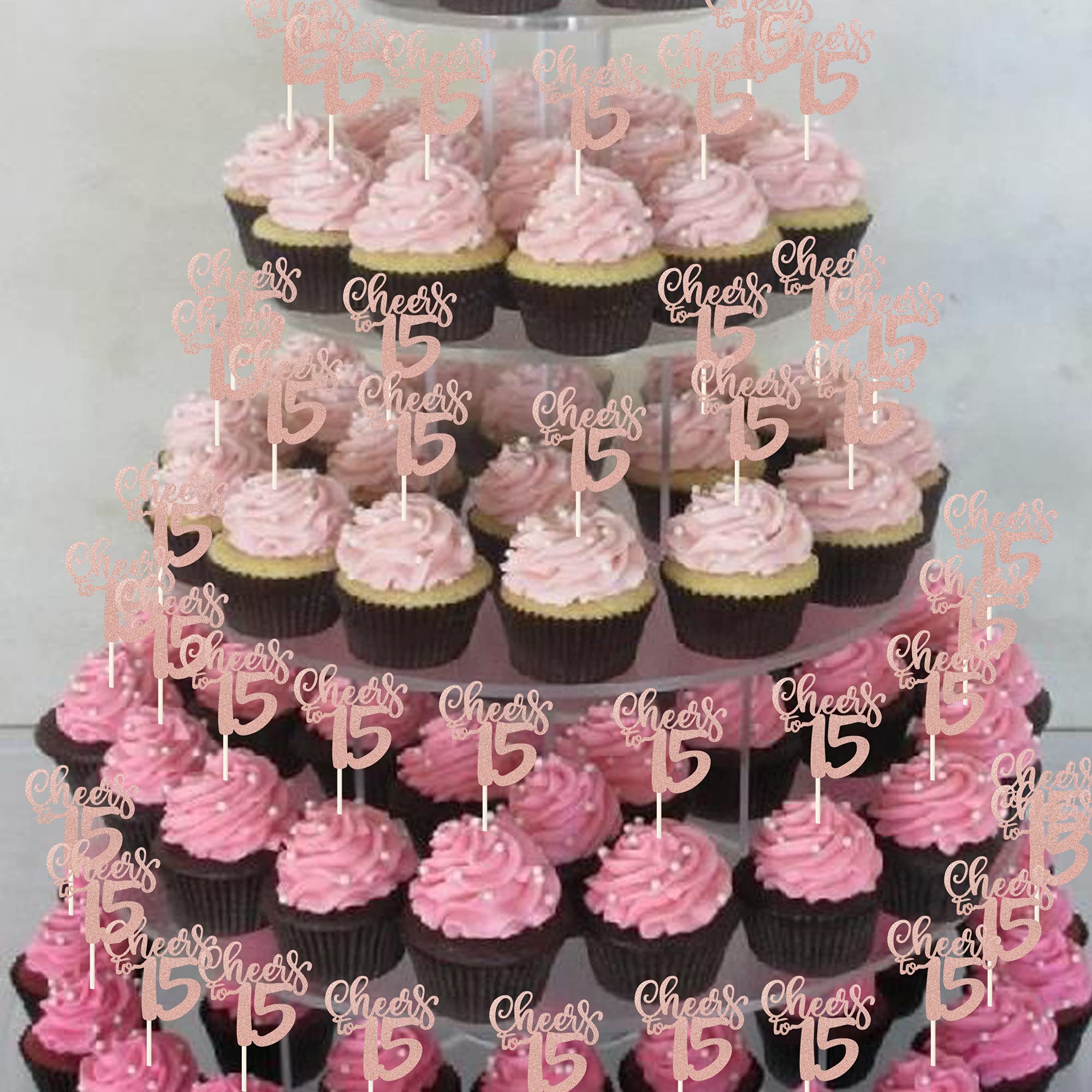 36 PCS Glitter Number 15 Cupcake Toppers - Rose Gold 15th Birthday Party Decorations for Wedding Anniversary & Sweet 16 Celebrations - Perfect for Cake Decorating, Dessert Displays, and Milestone Events