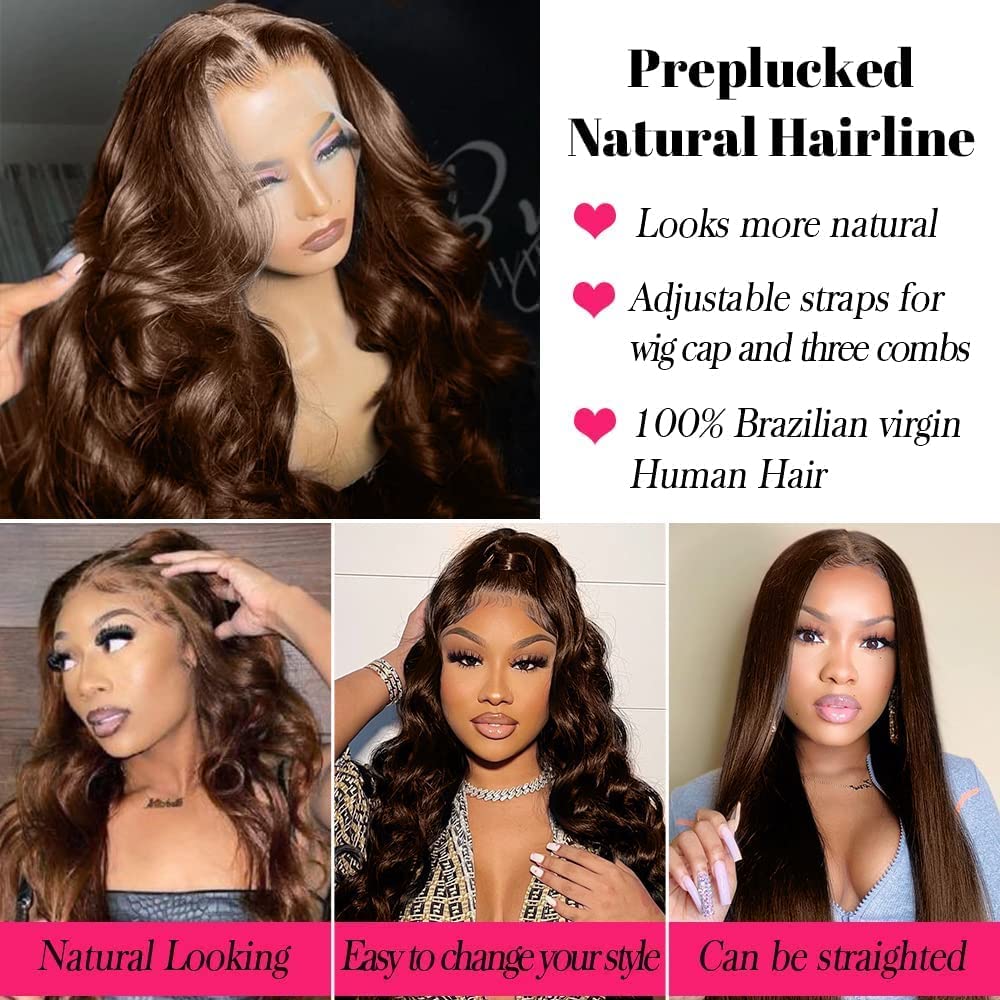 13x4 HD Lace Front Wigs Human Hair - Brown Body Wave 200% Density Glueless Wig with Pre-Plucked Baby Hair | Undetectable Lace Frontal Wear & Go Wig (22 Inch) for Daily Wear, Cosplay & Special Occasions