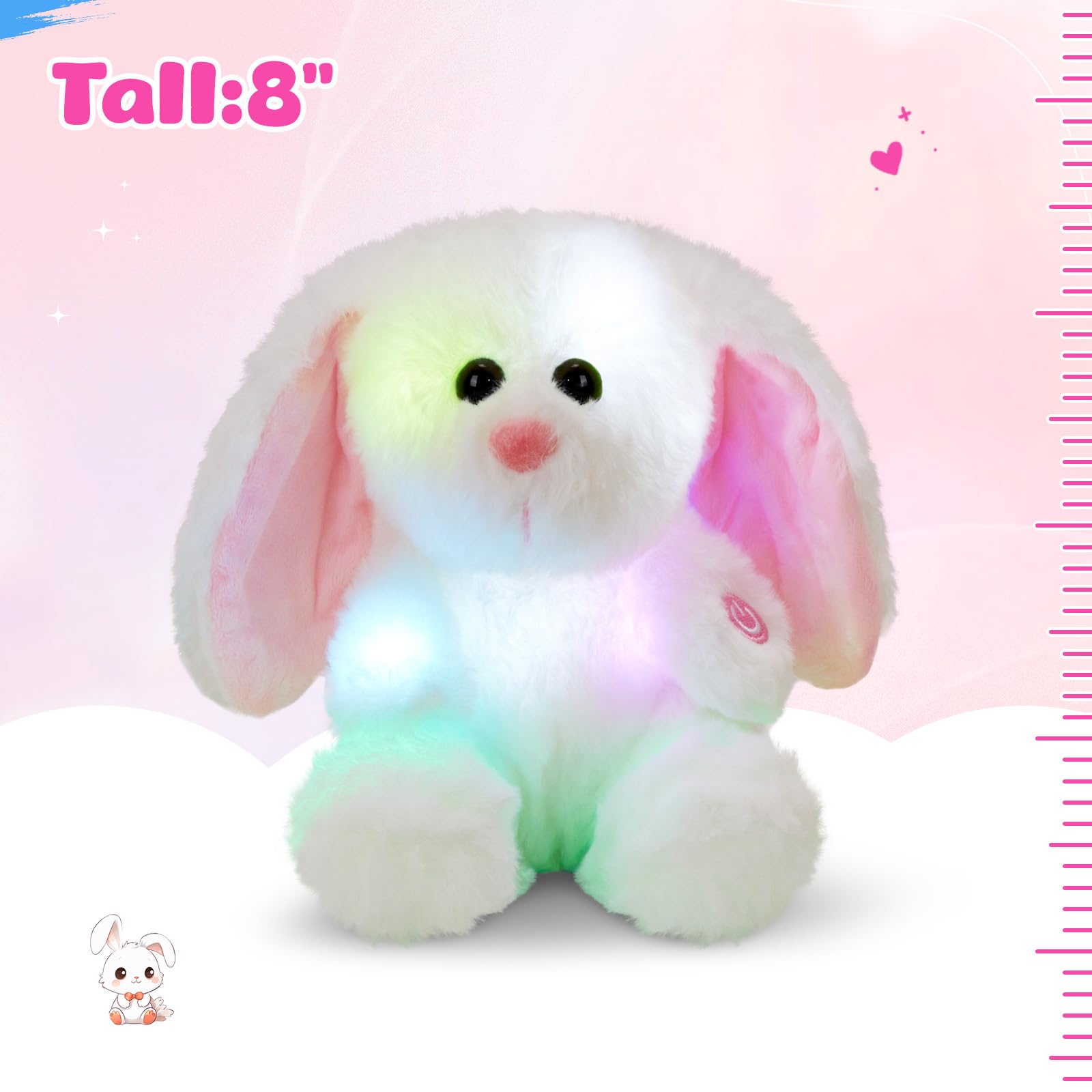 BSTAOFY LED Light Up White Bunny Stuffed Animal - Soft Plush Toy with Lop Ears, 8