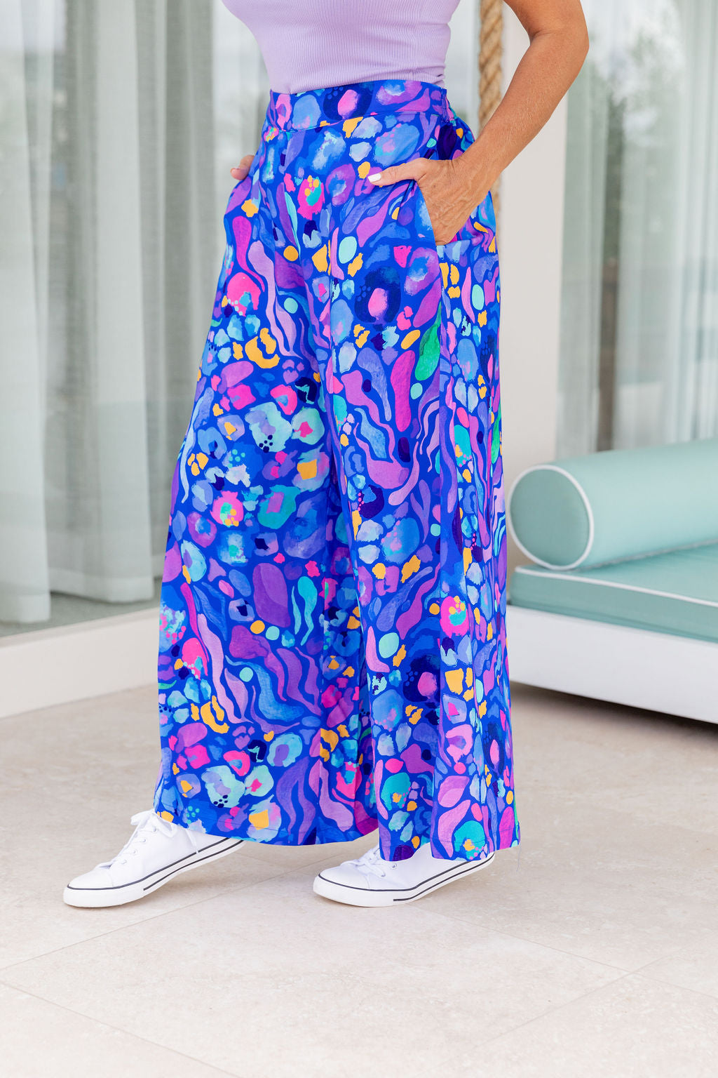Kasey Rainbow Larsa Pants - Women's High Waisted Flowy Beach Pants in Reef Blue | Perfect for Summer Vacations, Beach Outings & Boho Fashion