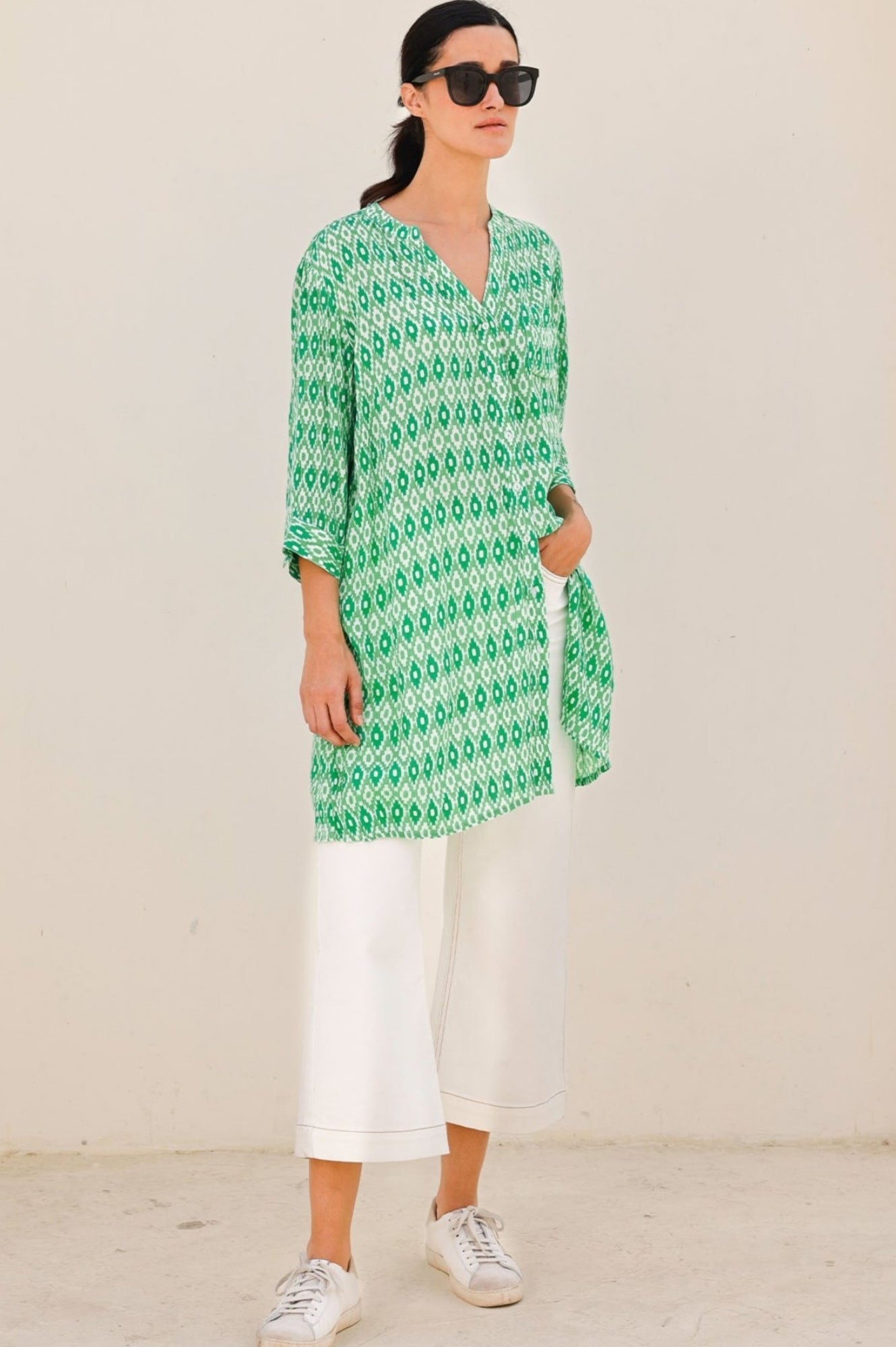 Mila Shirt Tunic for Women - Aztec Green & White Bohemian Style Blouse - Perfect for Casual Outings, Workwear & Summer Vacations