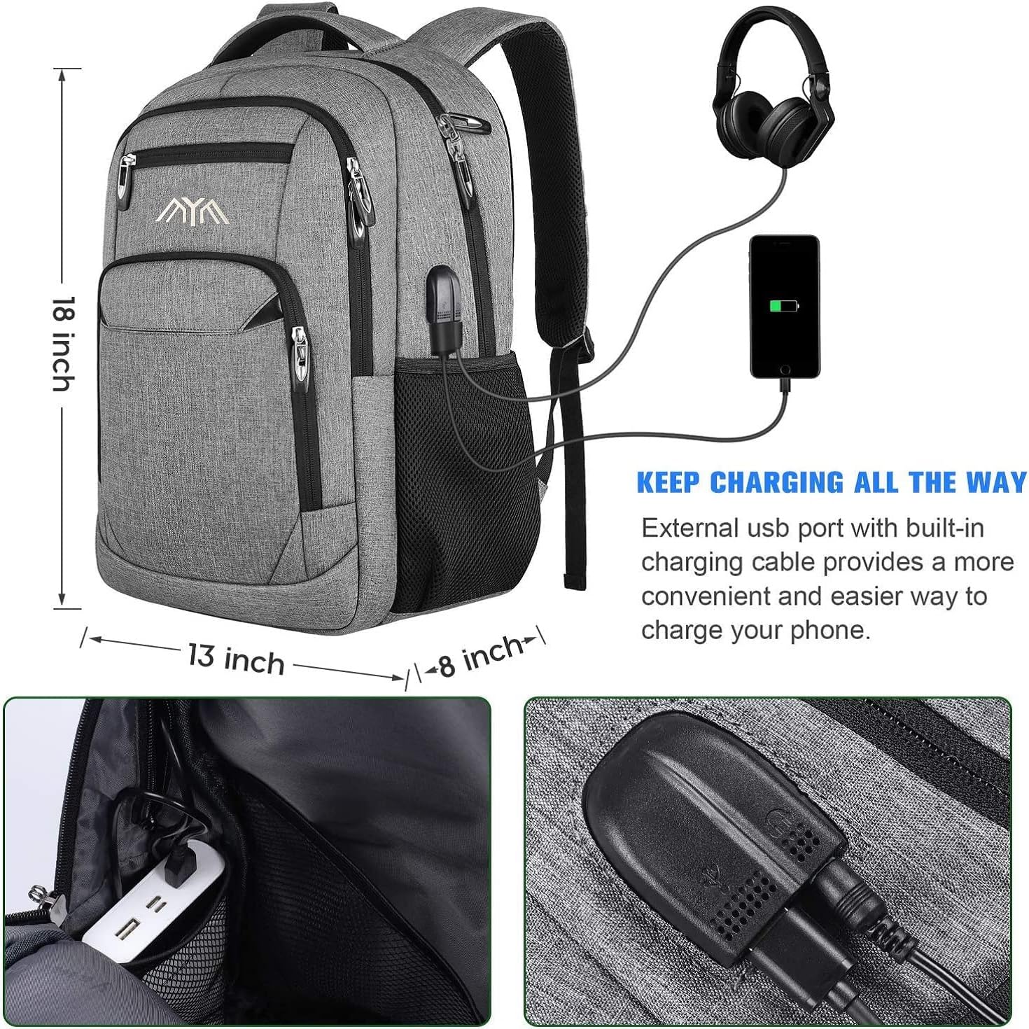 15.6 Inch Laptop Backpack for Men & Women - USB Charging Port, College School Backpack with Dedicated Laptop Compartment - Perfect for Business, Travel, Office & Daily Commute