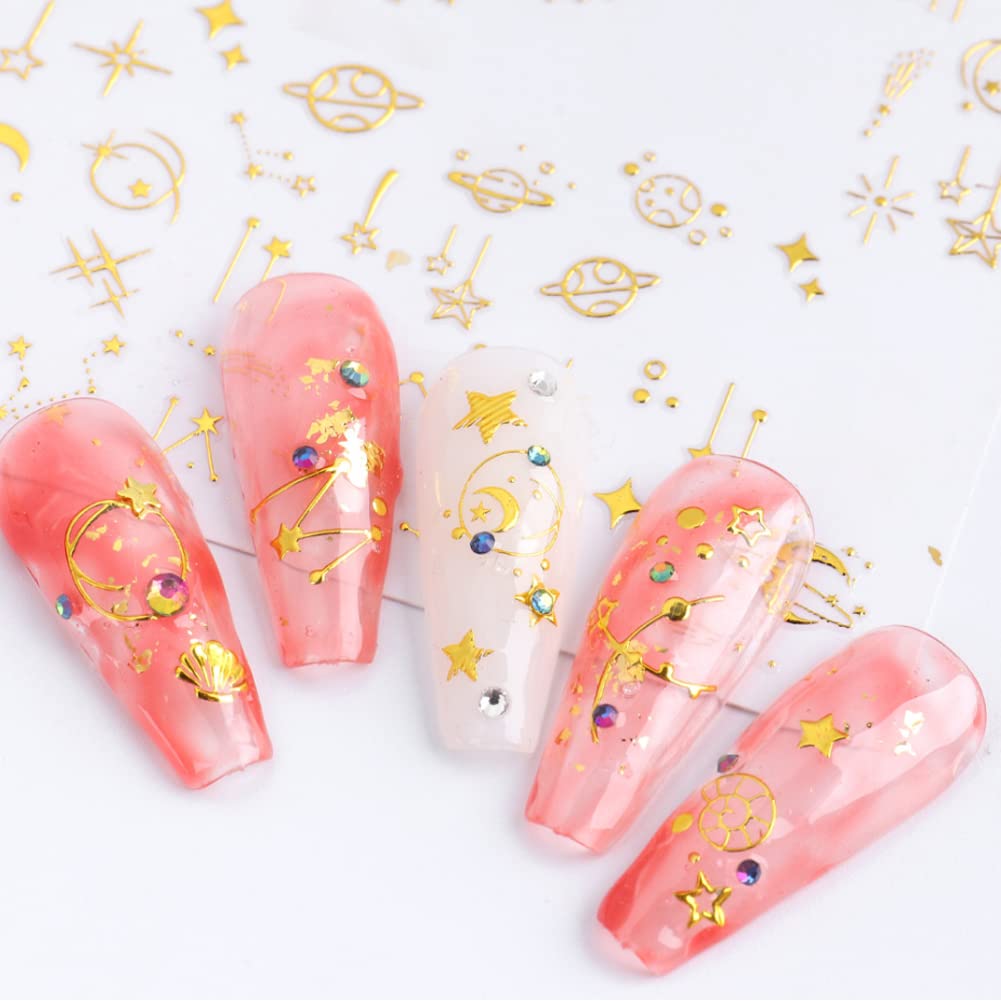 12 Sheets Gold Nail Art Stickers - 3D Self-Adhesive Metallic Stars & Moon Glitter Decals for Women, Girls Manicure - DIY Nail Supplies for Salon, Party, Wedding & Home Nail Art Design