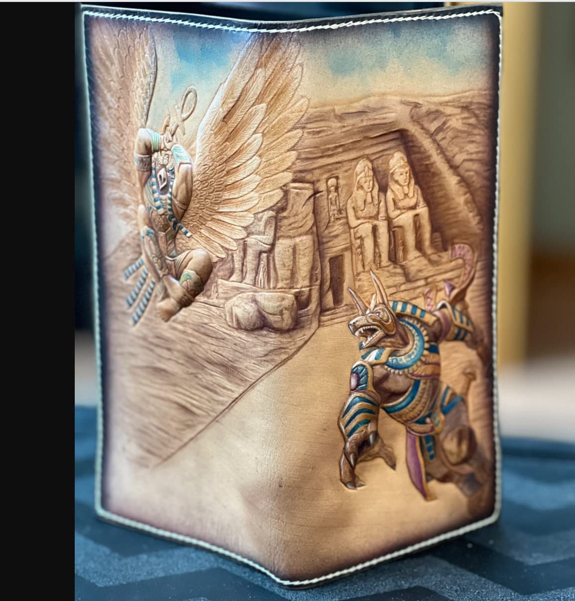 Handmade 3D Genuine Leather Men's Wallet - Custom Engraved Biker Wallet with Egyptian Pyramids, Sphinx & Anubis Design - Perfect Gift for Travelers & Motorcycle Riders