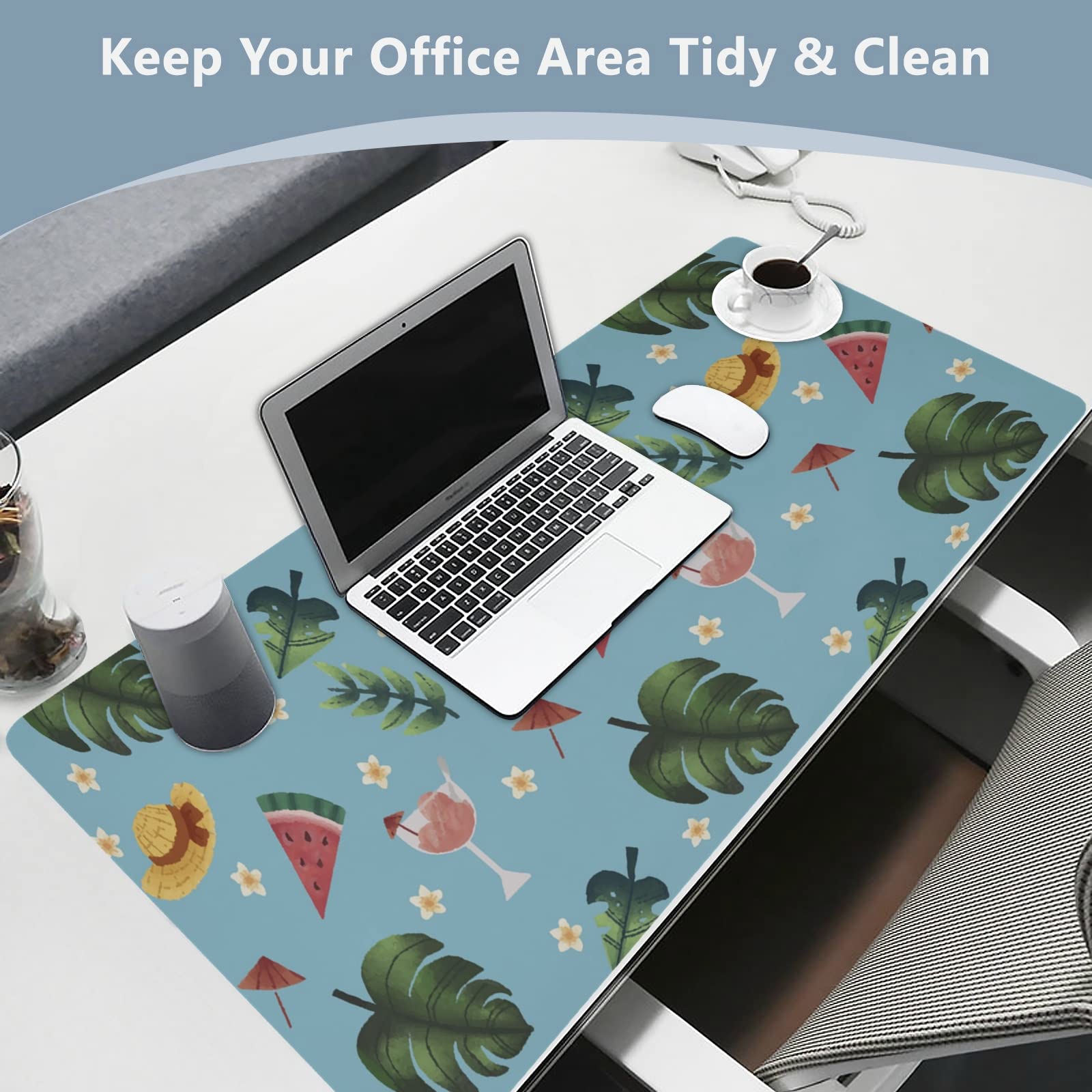 Tropical Leaves Leather Desk Mat - Dual Sided Waterproof Large Mouse Pad & Desk Blotter (16.5x35.4 Inch) for Office & Home Decor - Perfect for Workstations, Writing Desks, and Computer Setups