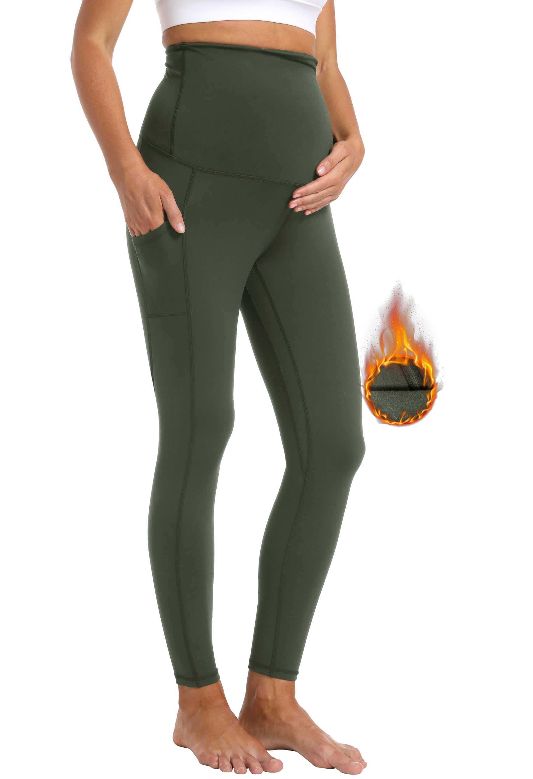 V VOCNI Maternity Fleece Lined Leggings with Pockets - Over The Belly Yoga Pants for Pregnant Women - Thermal Winter Workout Leggings - Perfect for Yoga, Gym & Everyday Comfort