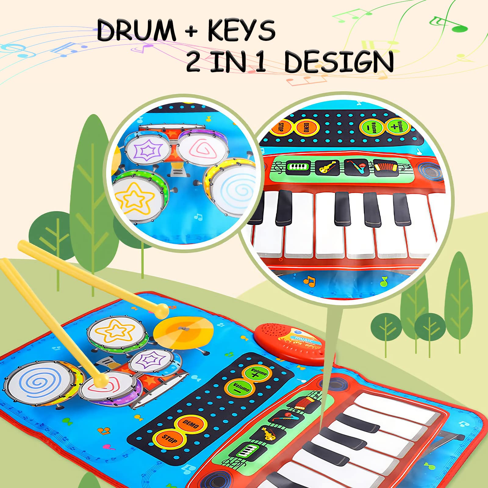 2-in-1 Musical Playmat for Kids - Portable Piano & Drum Touch Keyboard with 4 Instrument Sounds | Interactive Floor Mat Toy for Toddlers & Children (27.5